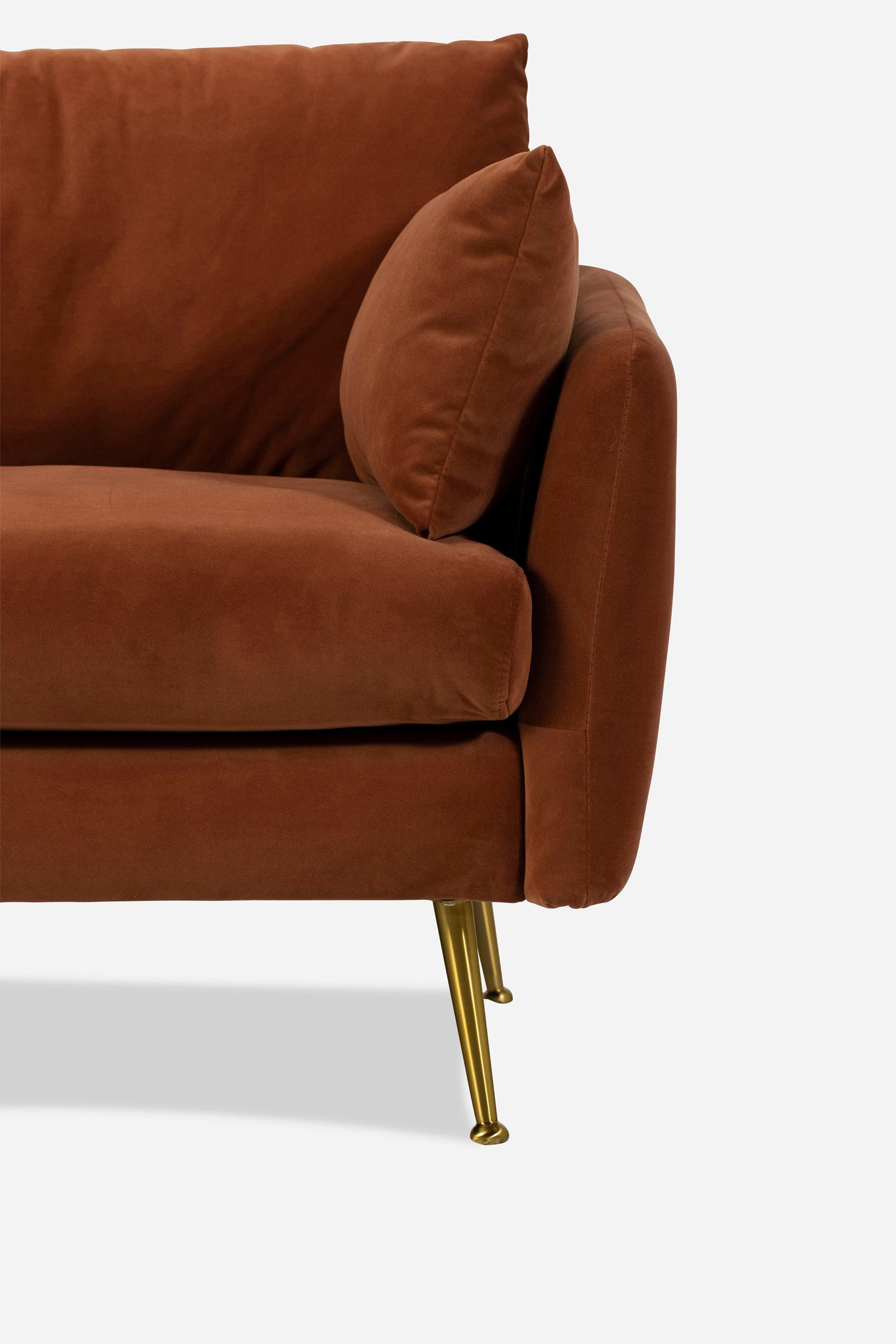 park sectional sofa shown in rust velvet with gold legs left facing right facing