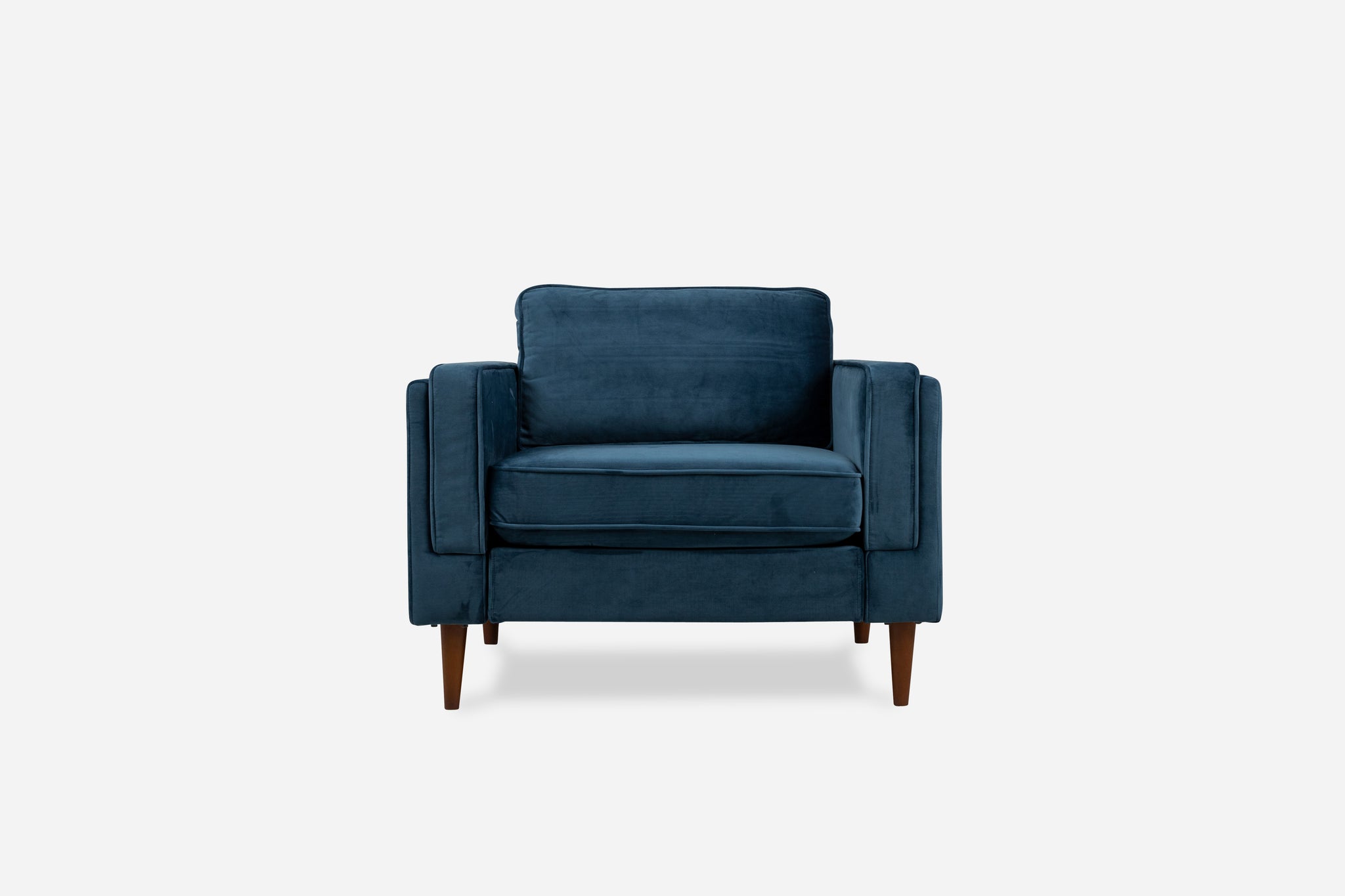albany armchair shown in blue velvet with walnut legs