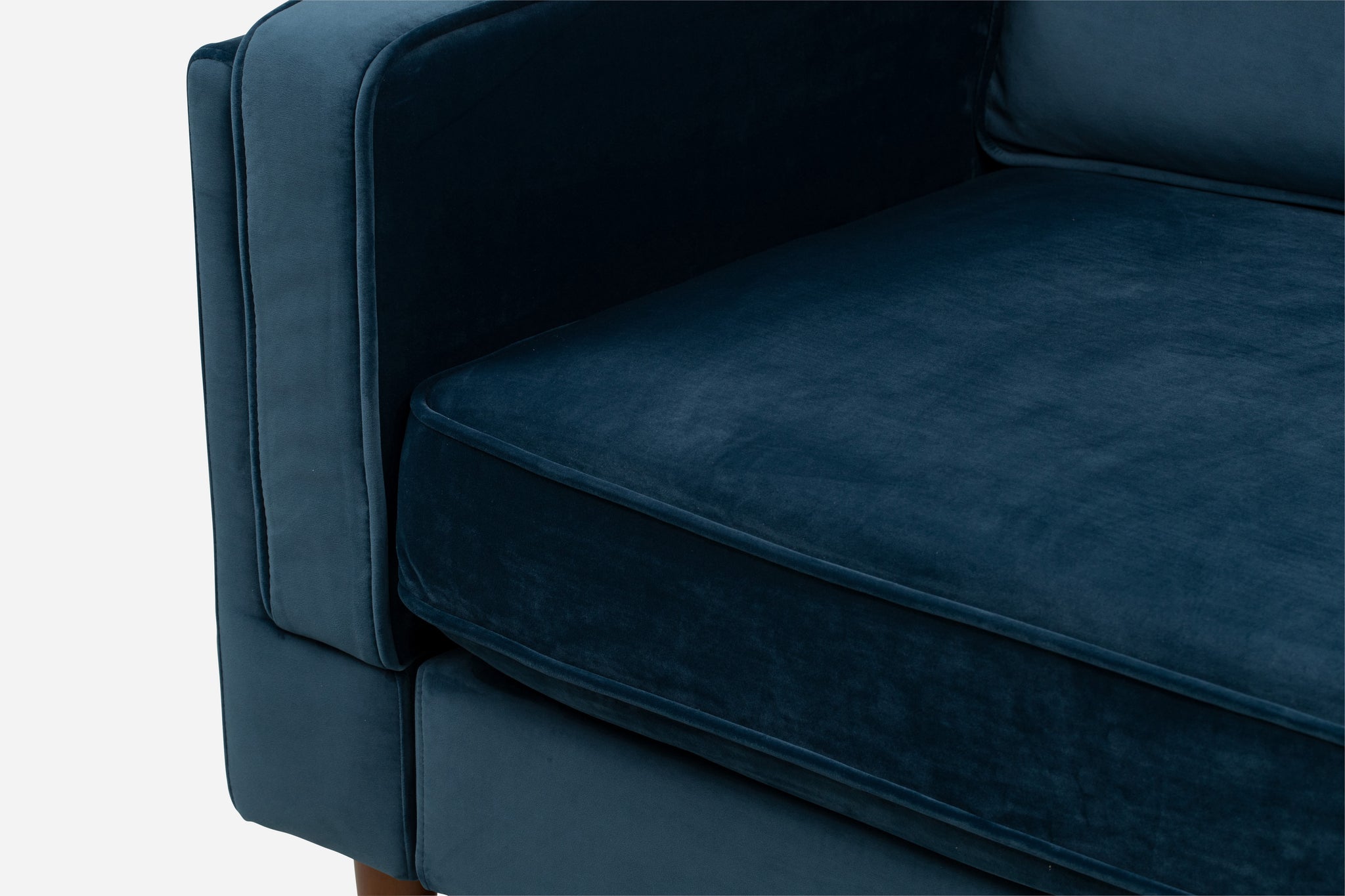 albany armchair shown in blue velvet with walnut legs
