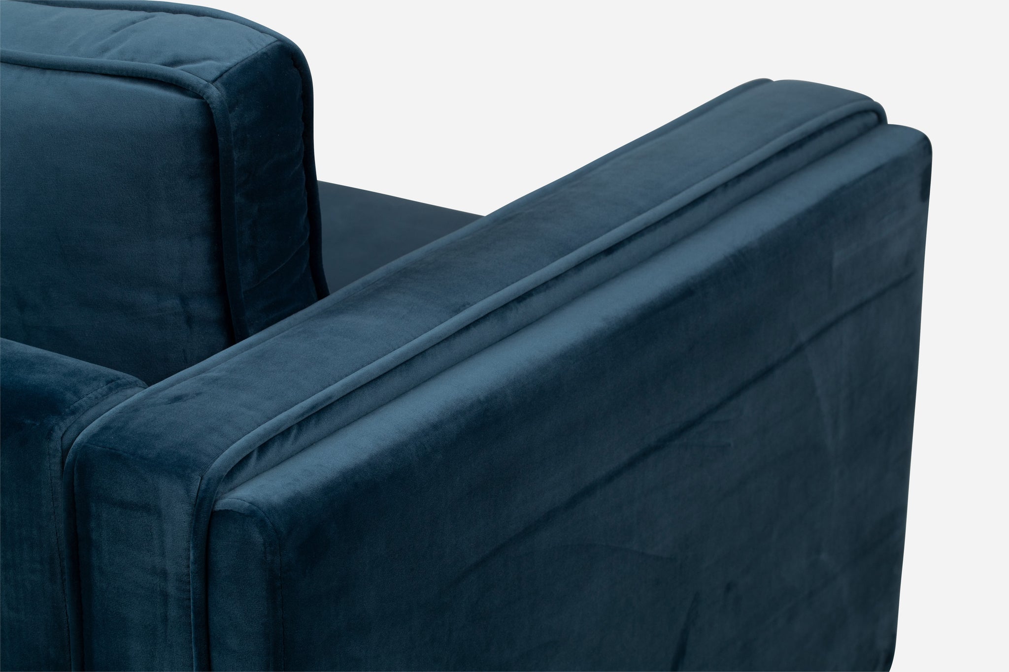 albany armchair shown in blue velvet with walnut legs