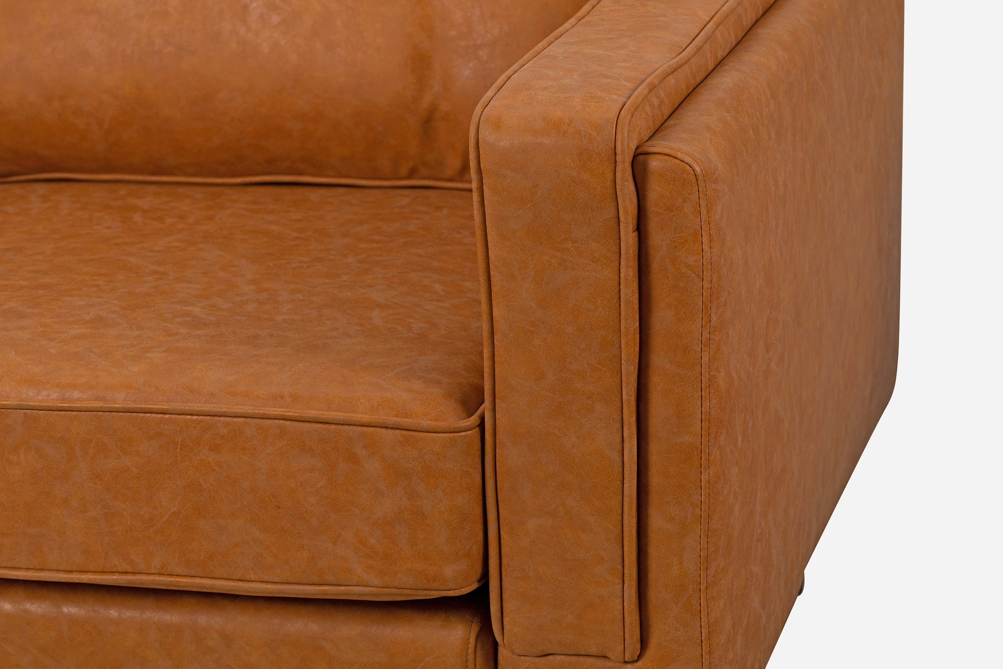 albany sofa shown in distressed vegan leather with walnut legs
