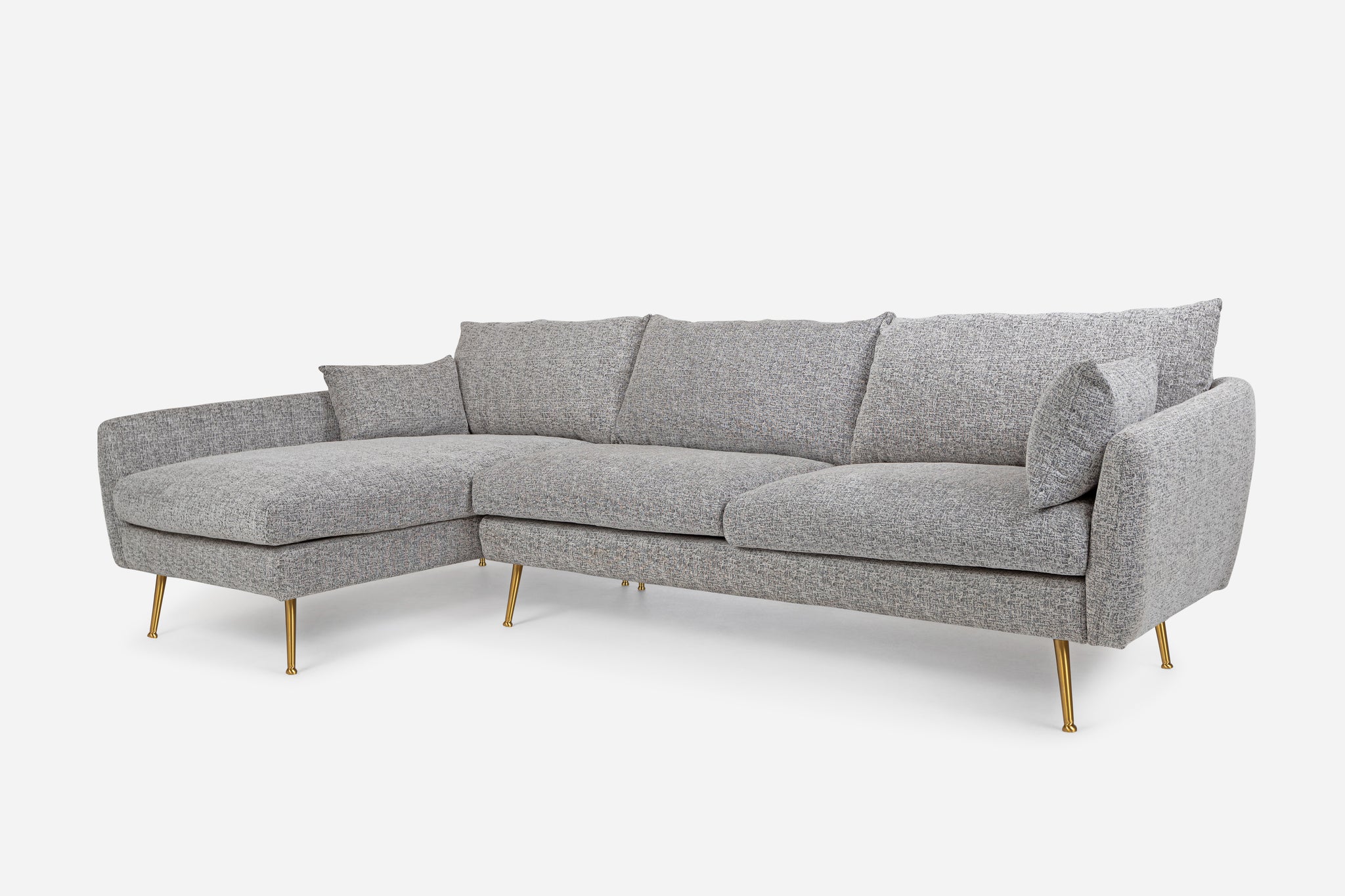 park sectional sofa shown in grey fabric with gold legs left facing