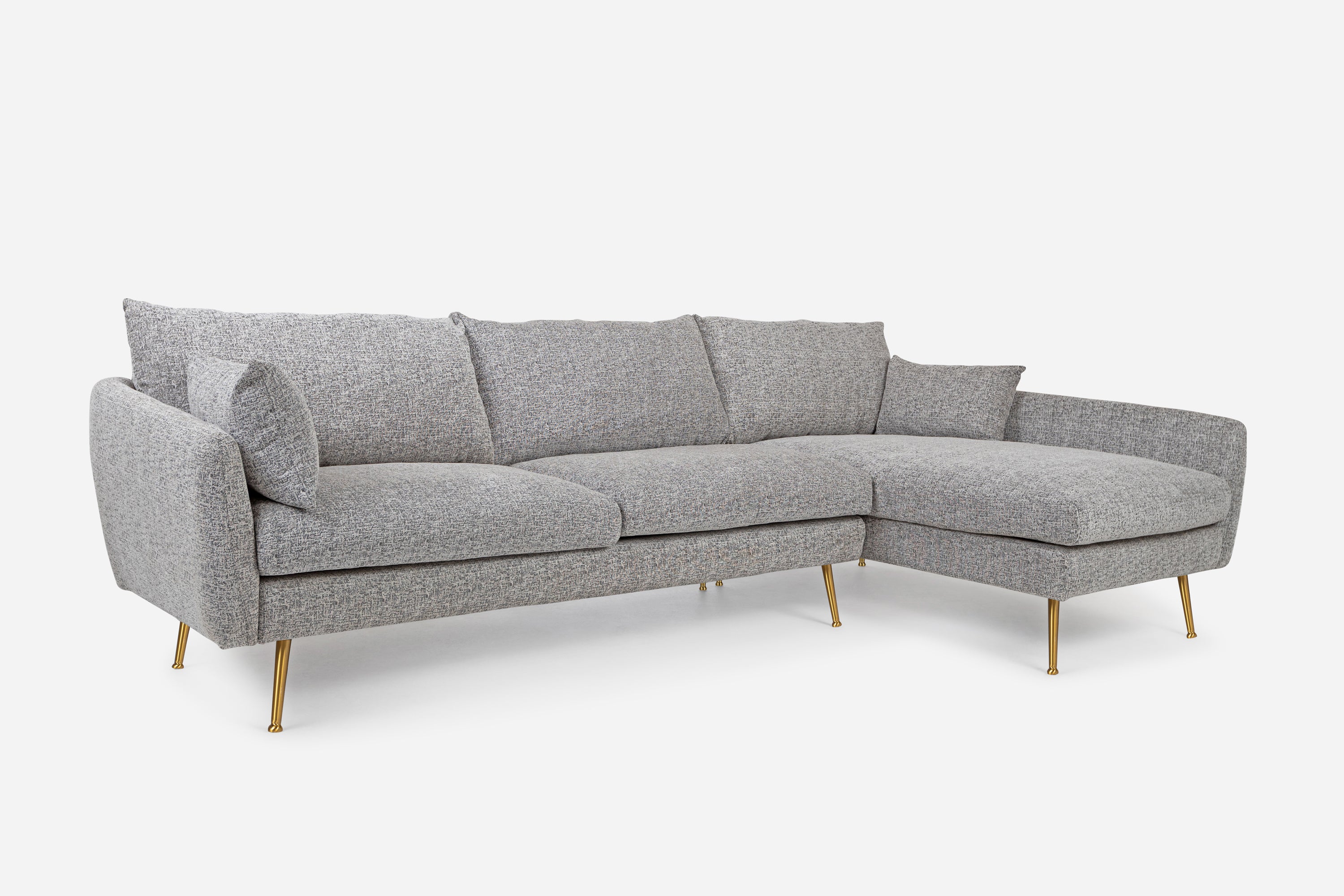 grey textured weave Gold Right Facing | Park Sectional Sofa shown in grey textured weave with gold legs Right Facing