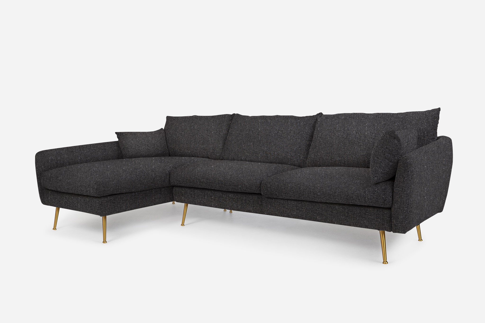park sectional sofa shown in charcoal with gold legs left facing