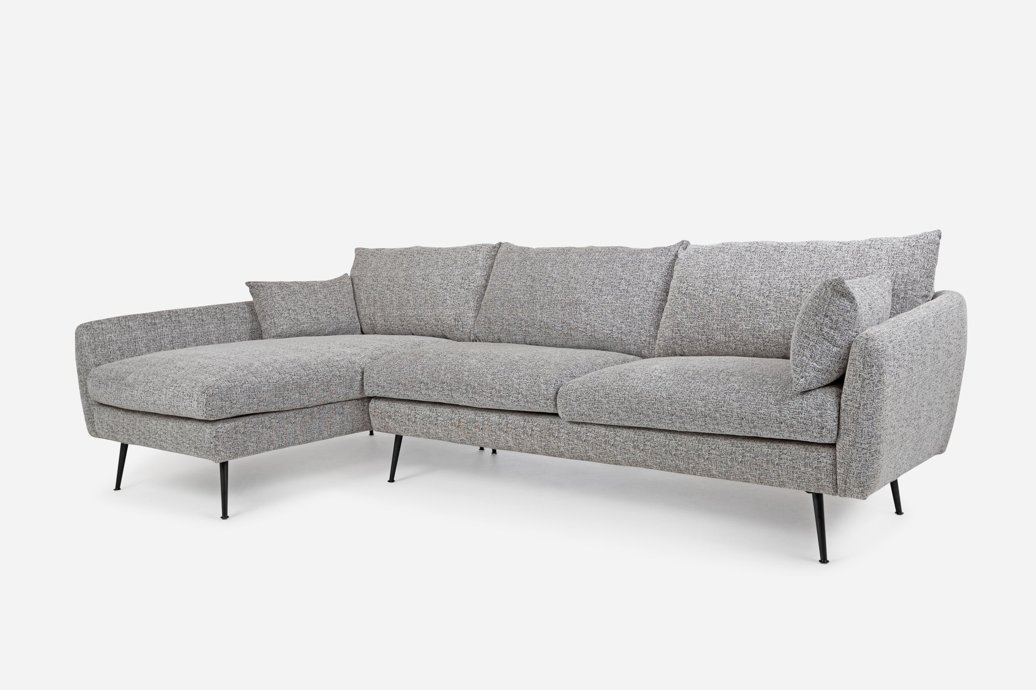 park sectional sofa shown in grey fabric with black legs left facing