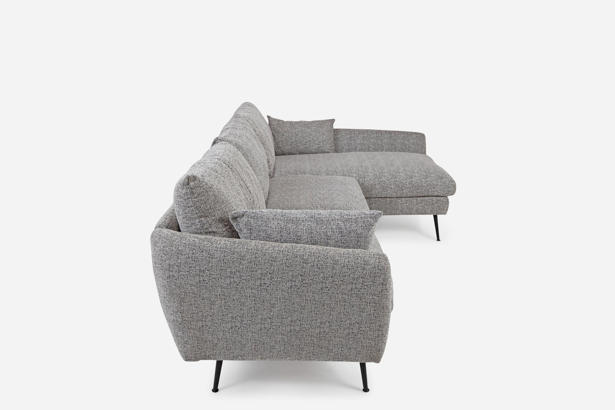park sectional sofa shown in grey fabric right facing with black legs