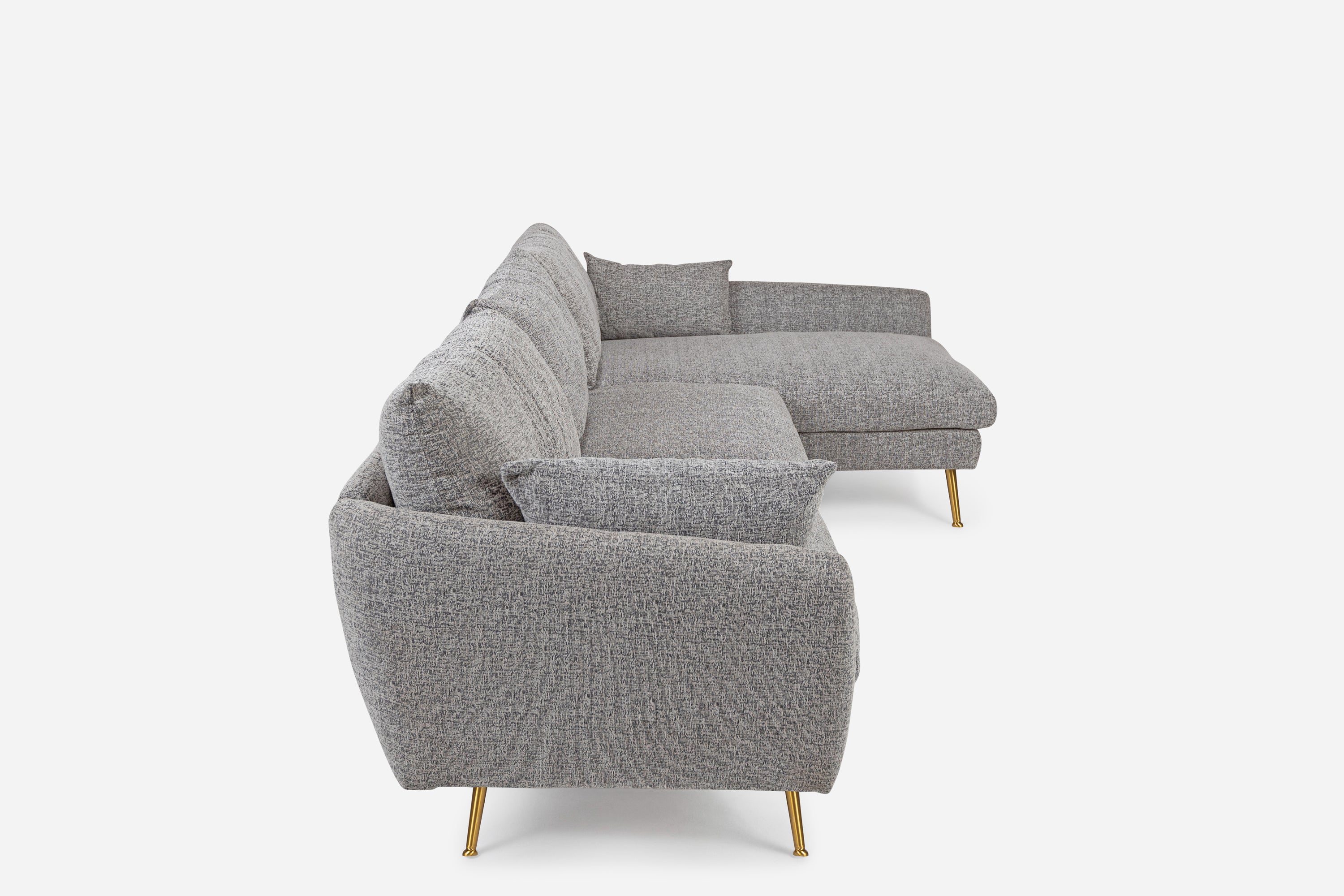 grey textured weave Gold Right Facing | Park Sectional Sofa shown in grey textured weave with gold legs Right Facing