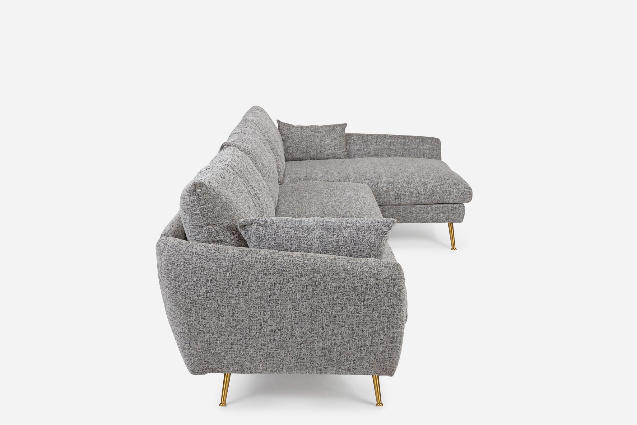 park sectional sofa shown in grey fabric with gold legs right facing