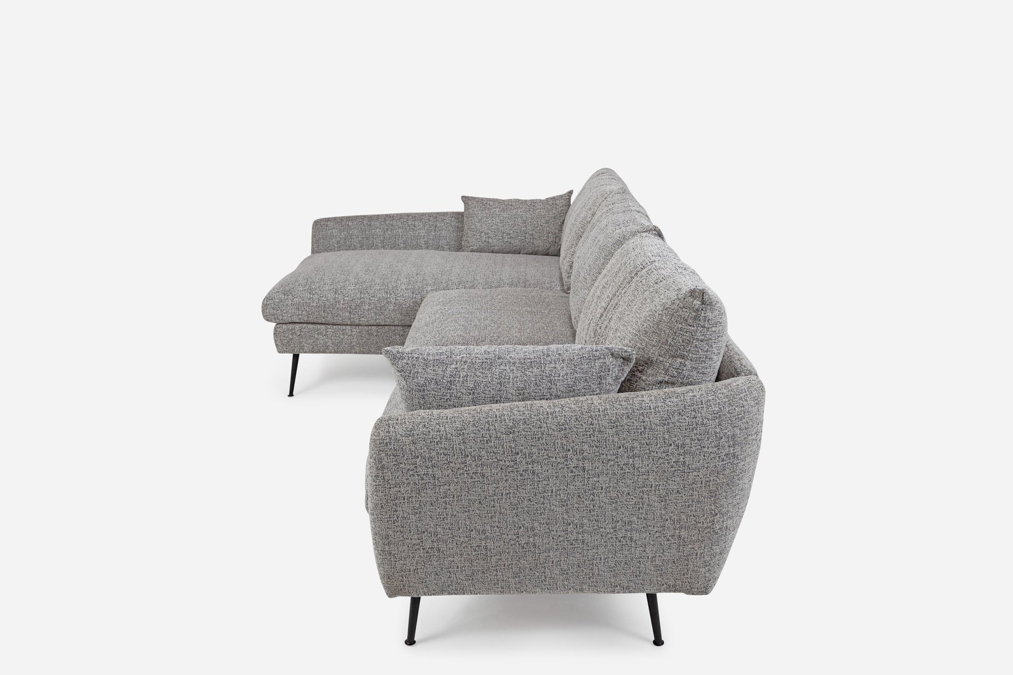 park sectional sofa shown in grey fabric with black legs left facing