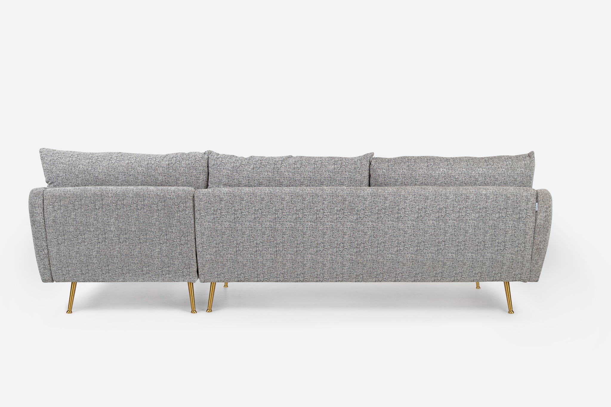 park sectional sofa shown in grey fabric with gold legs right facing