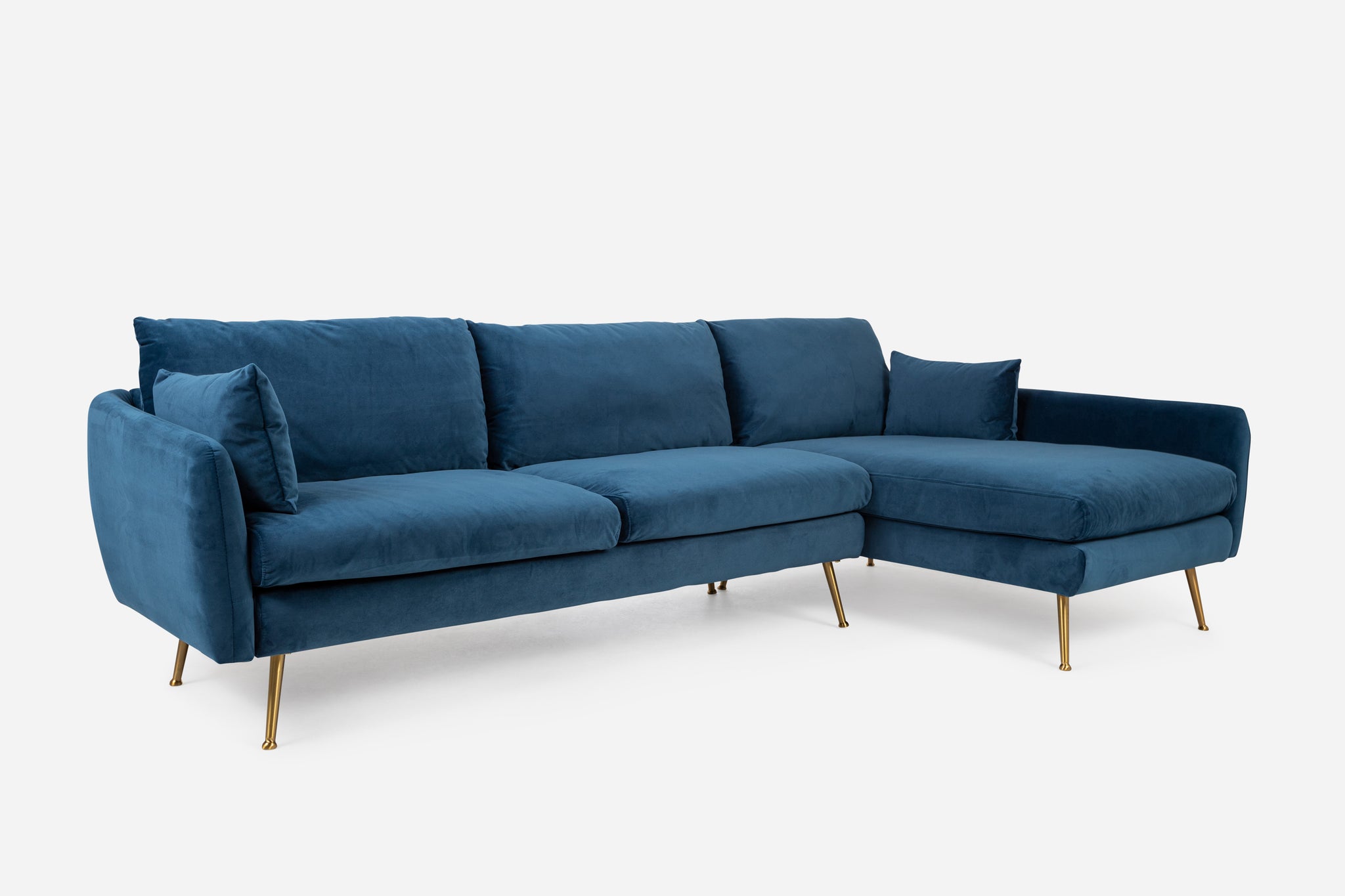 park sectional sofa shown in blue velvet with gold legs right facing