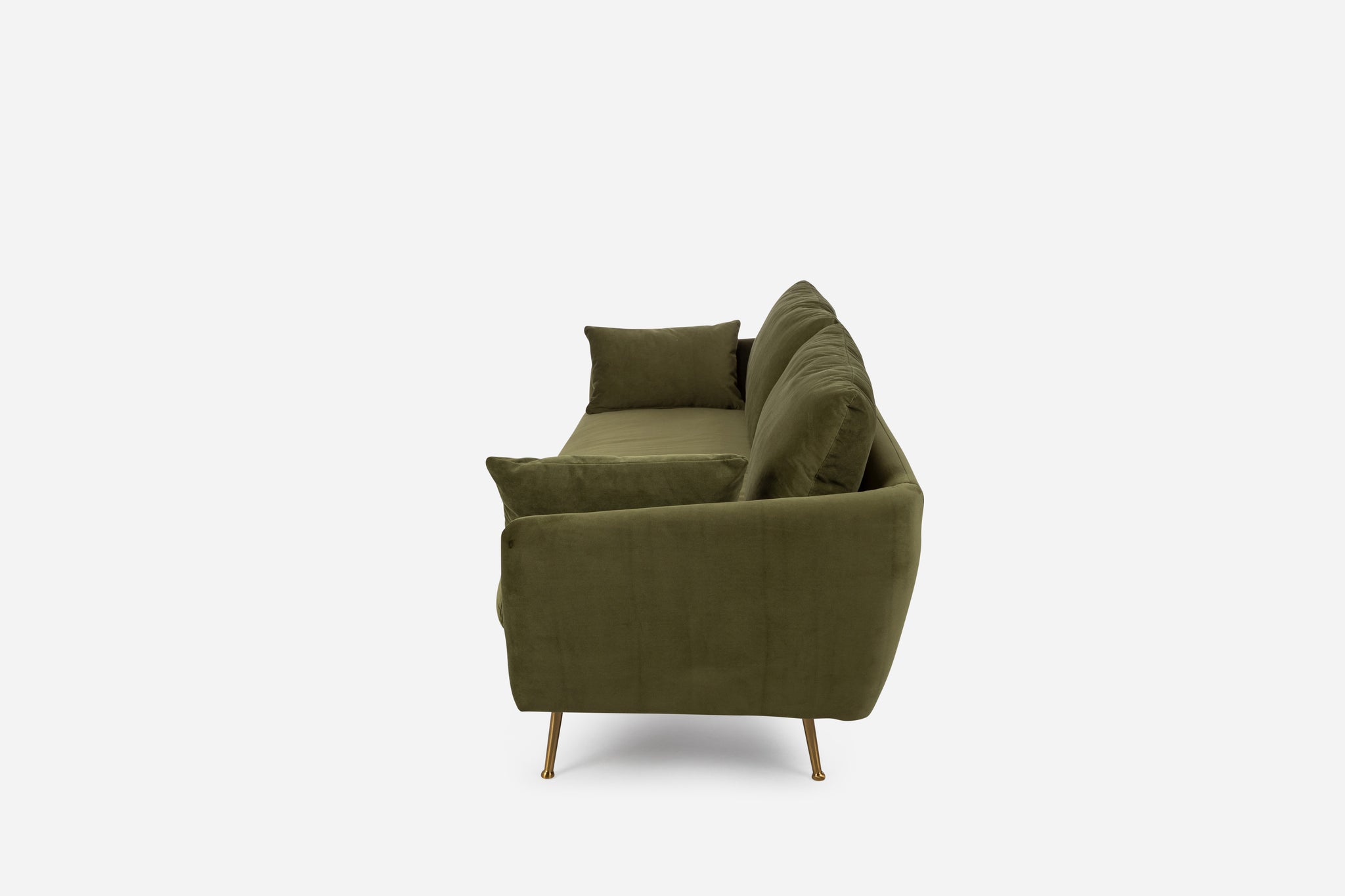 park sofa shown in olive velvet with gold legs