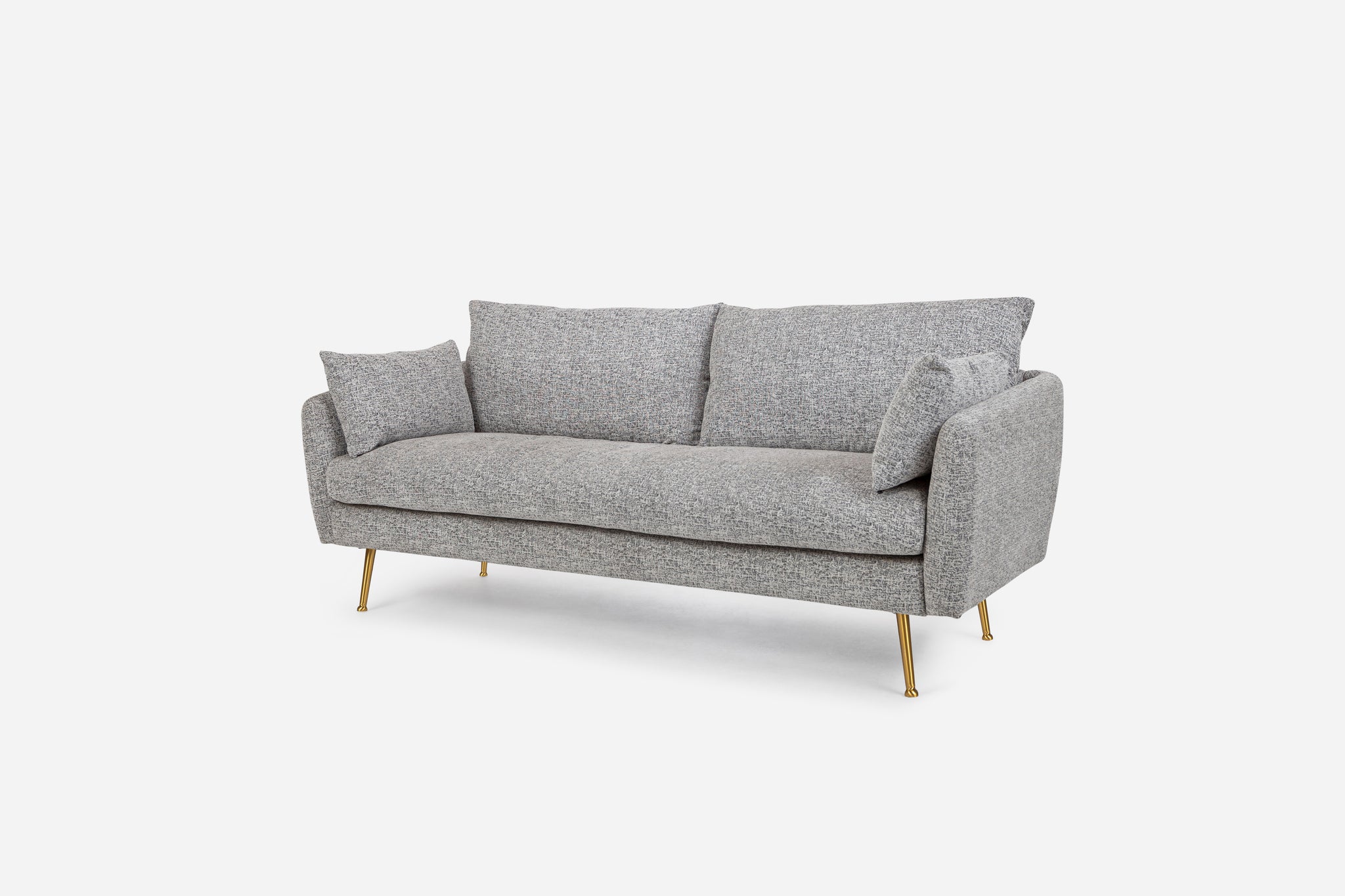 park sofa shown in grey fabric with gold legs