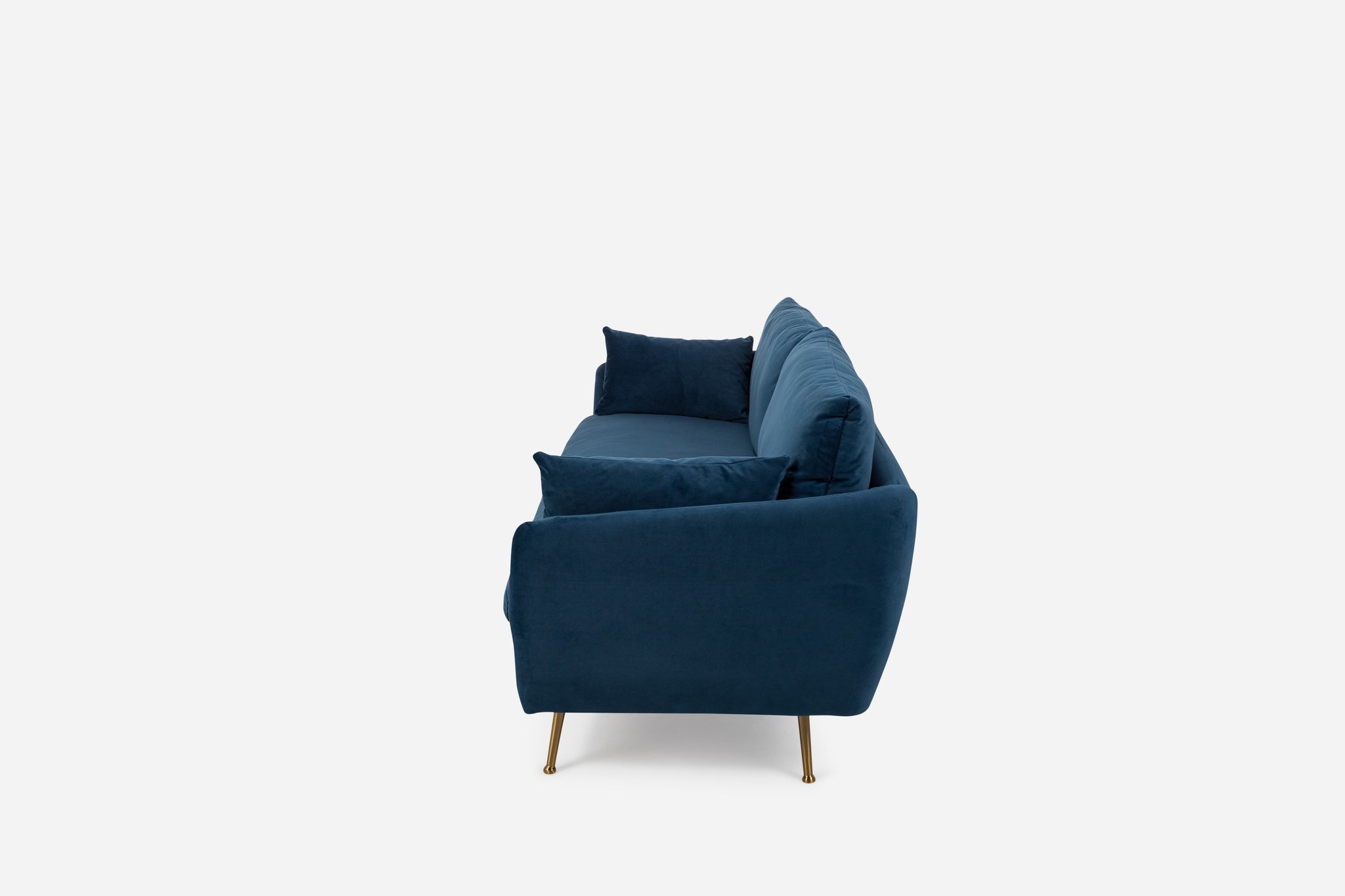 park sofa shown in blue velvet with gold legs