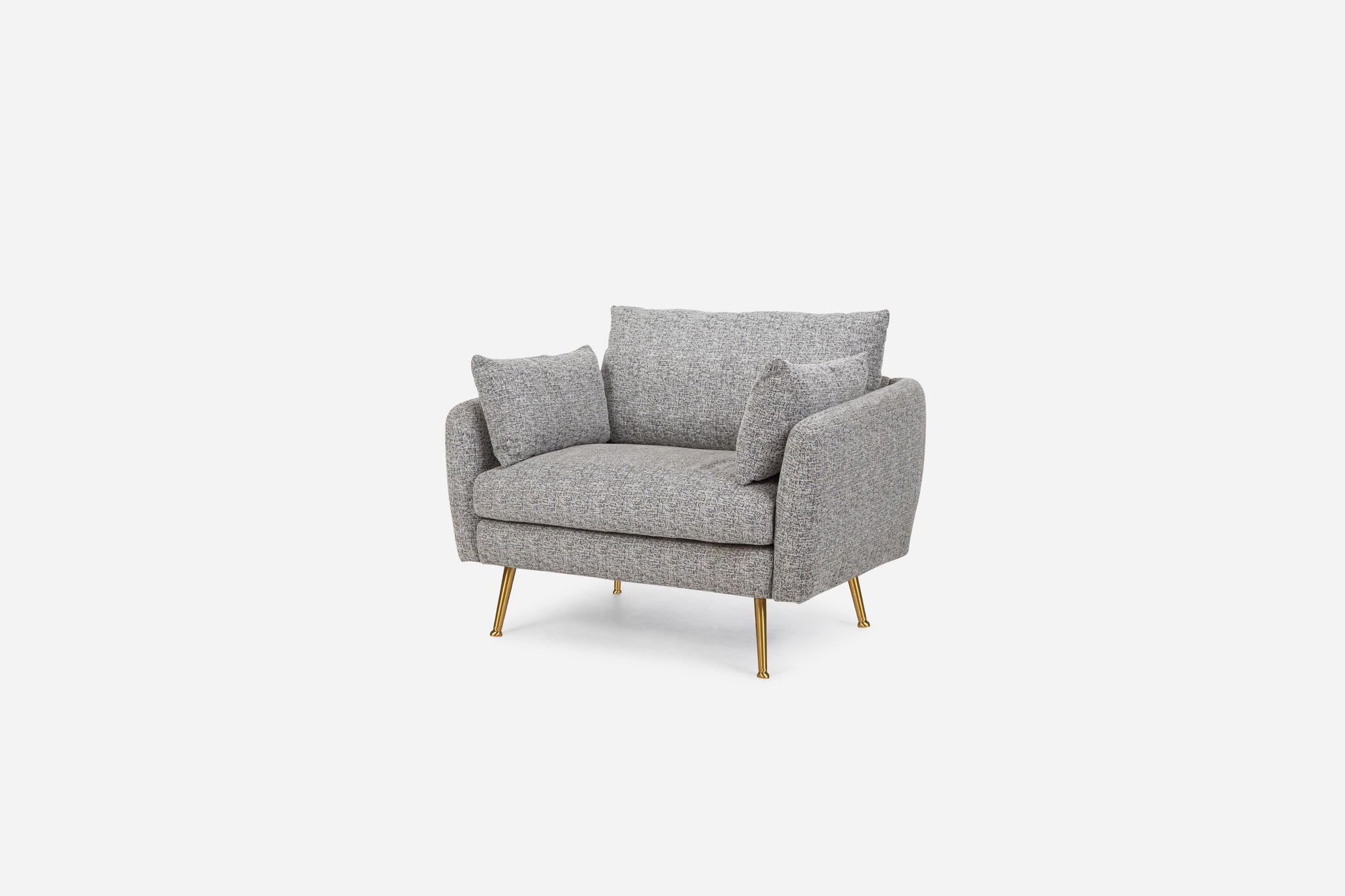 park armchair shown in grey fabric with gold legs