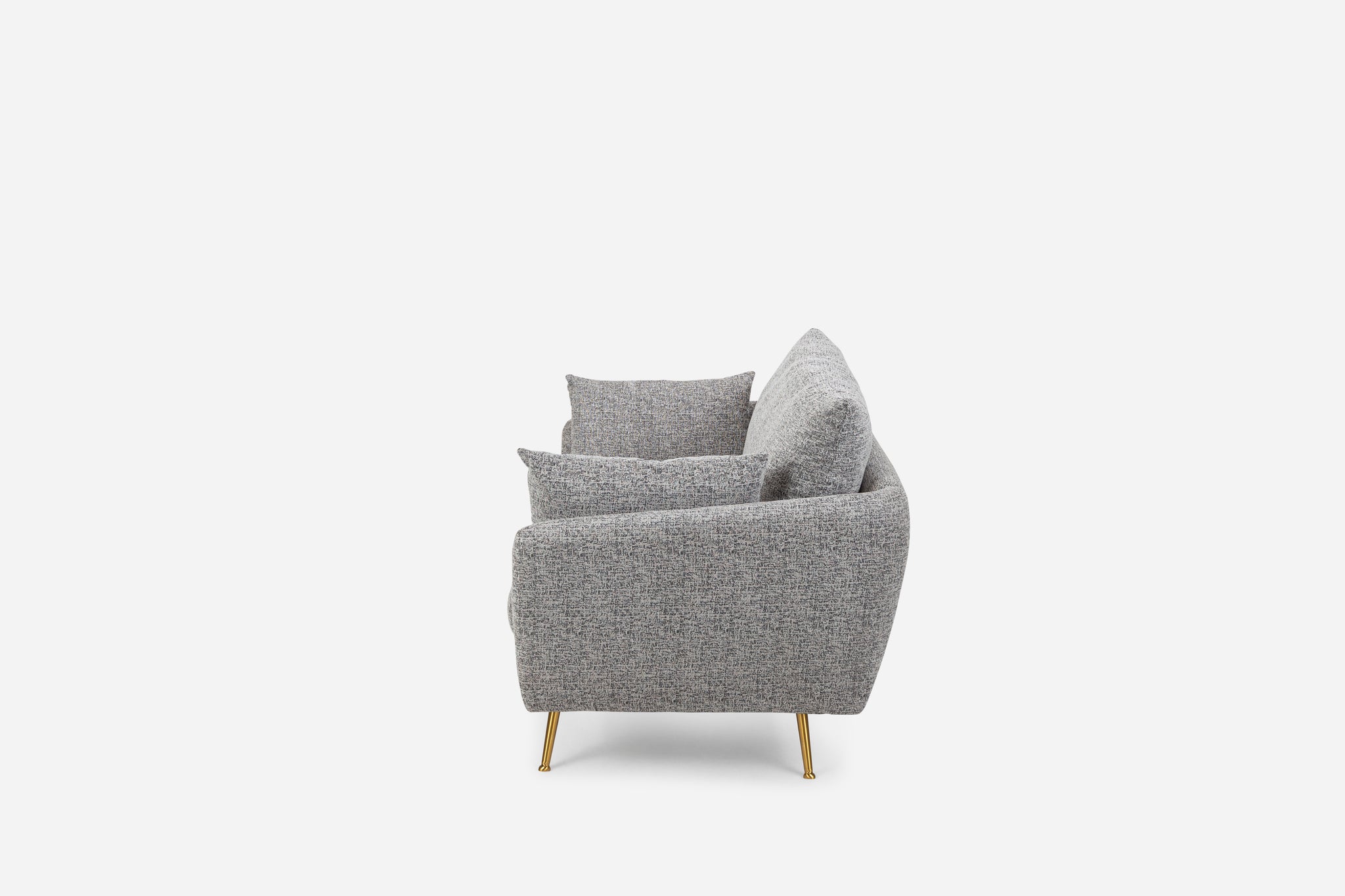 park armchair shown in grey fabric with gold legs