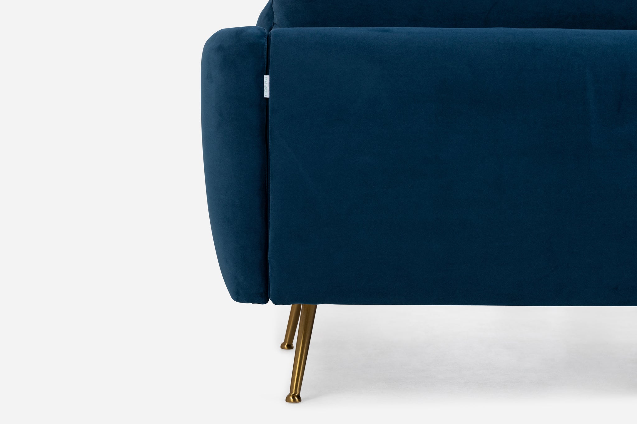 park sectional sofa shown in blue velvet with gold legs left facing