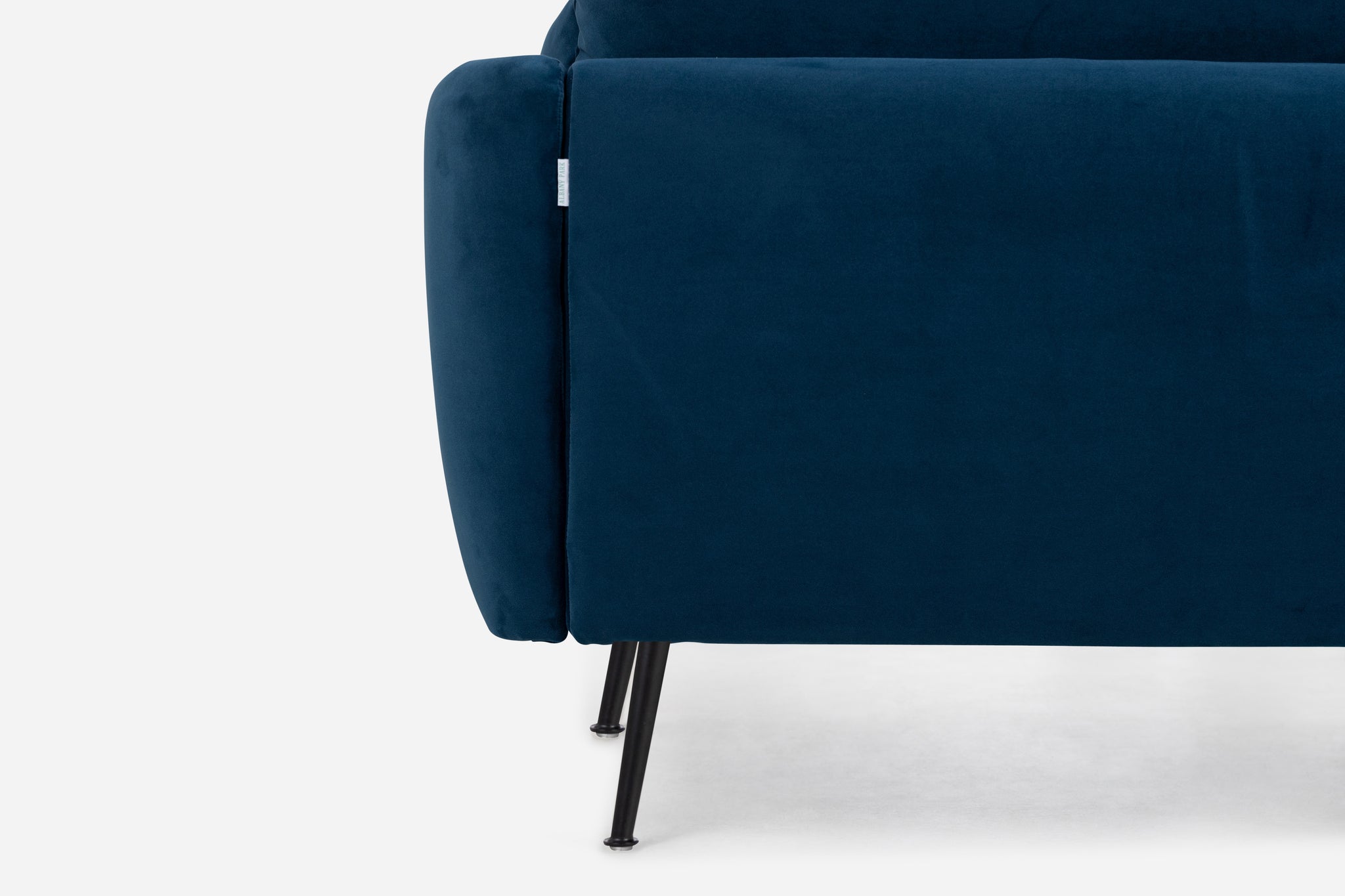 park armchair shown in blue velvet with black legs