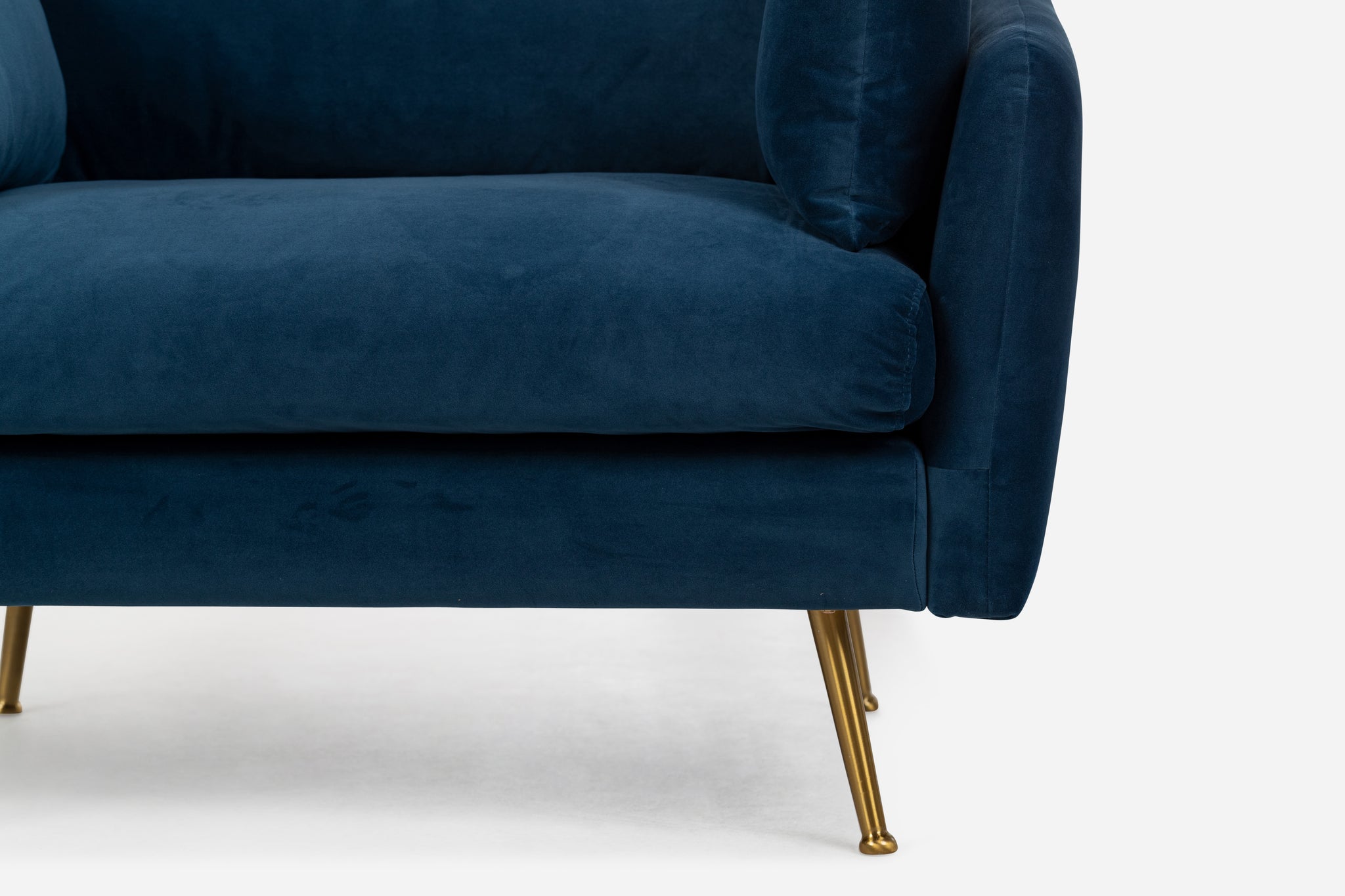 park armchair shown in blue velvet with gold legs