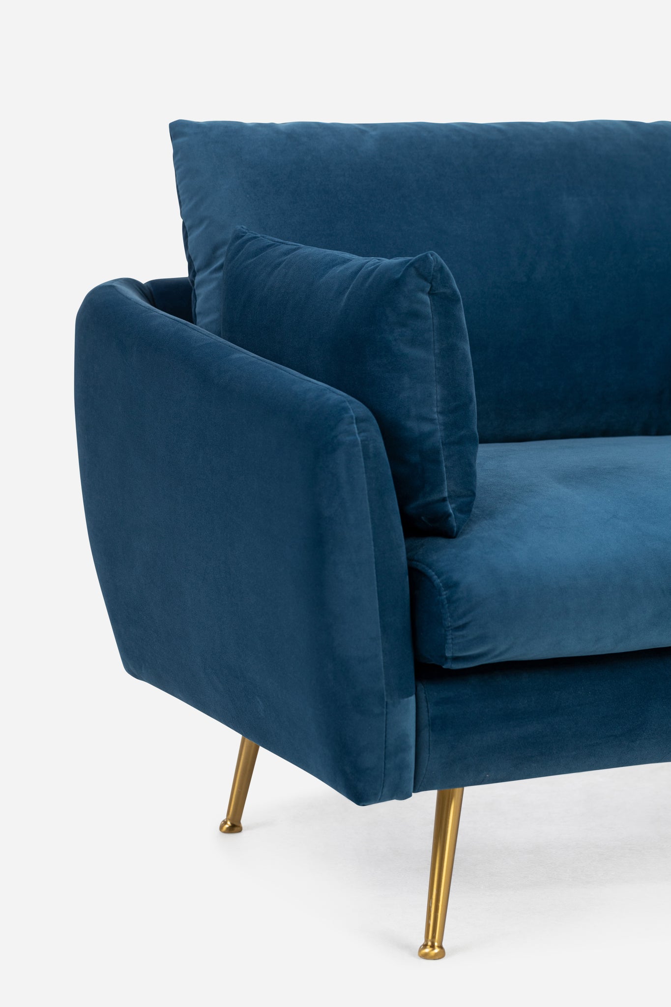 park sectional sofa shown in blue velvet with gold legs right facing
