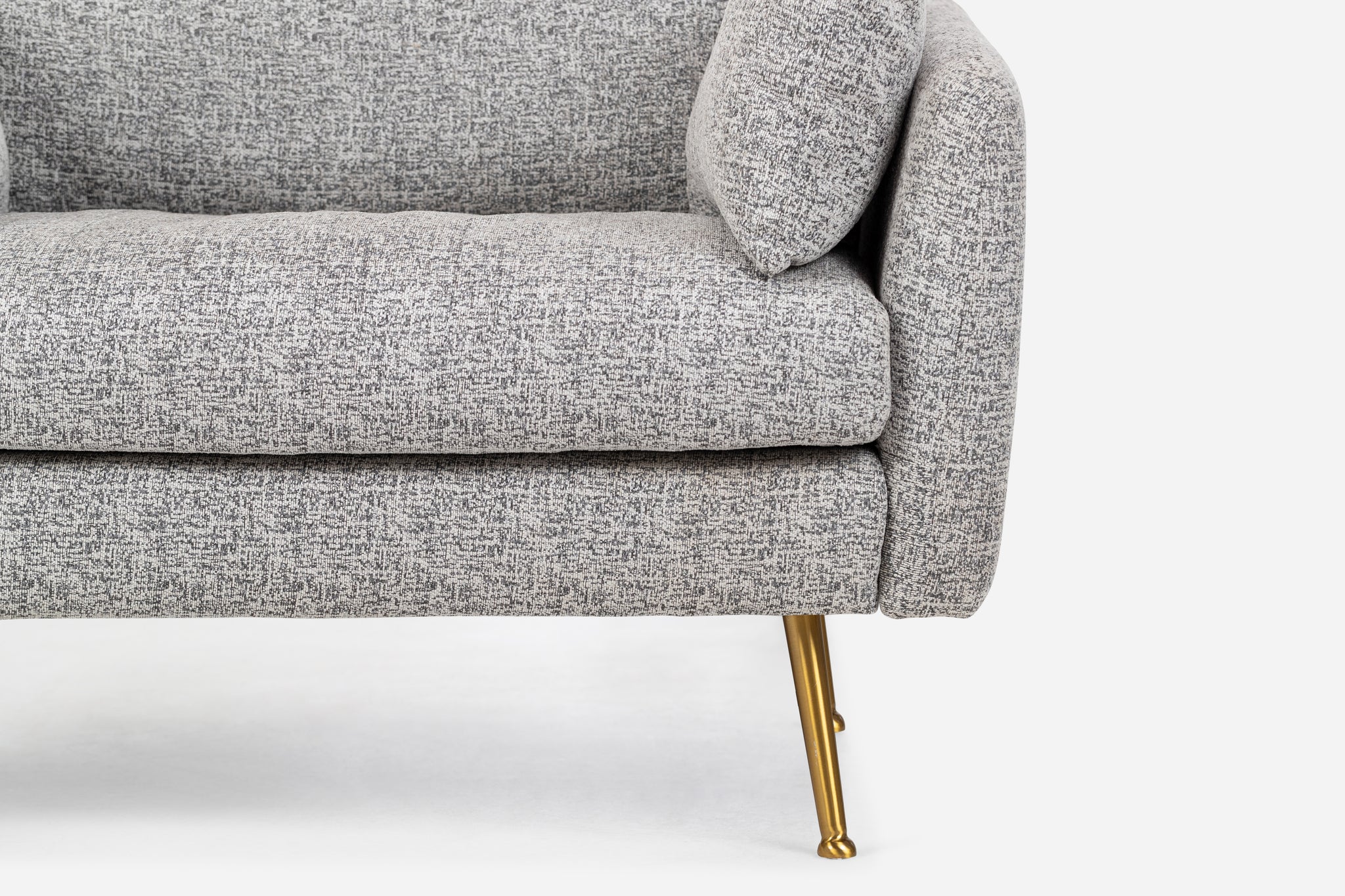 park armchair shown in grey fabric with gold legs