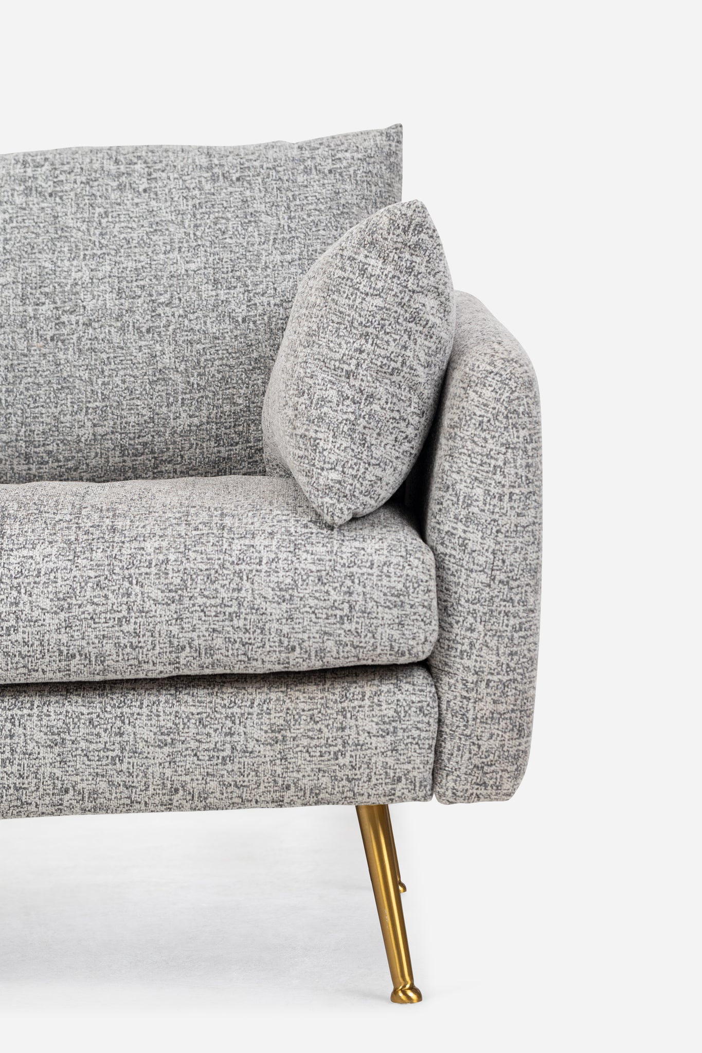 park armchair shown in grey fabric with gold legs