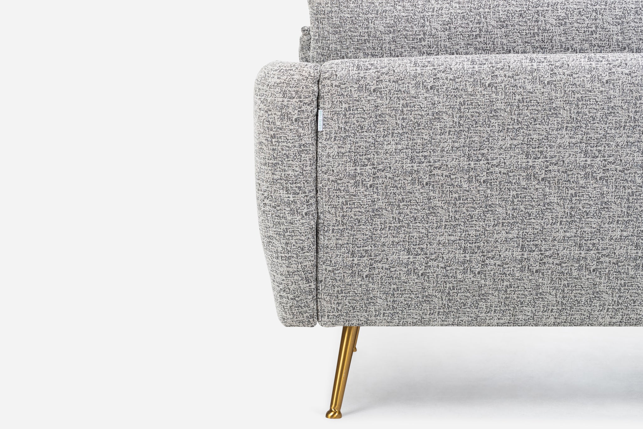 park armchair shown in grey fabric with gold legs