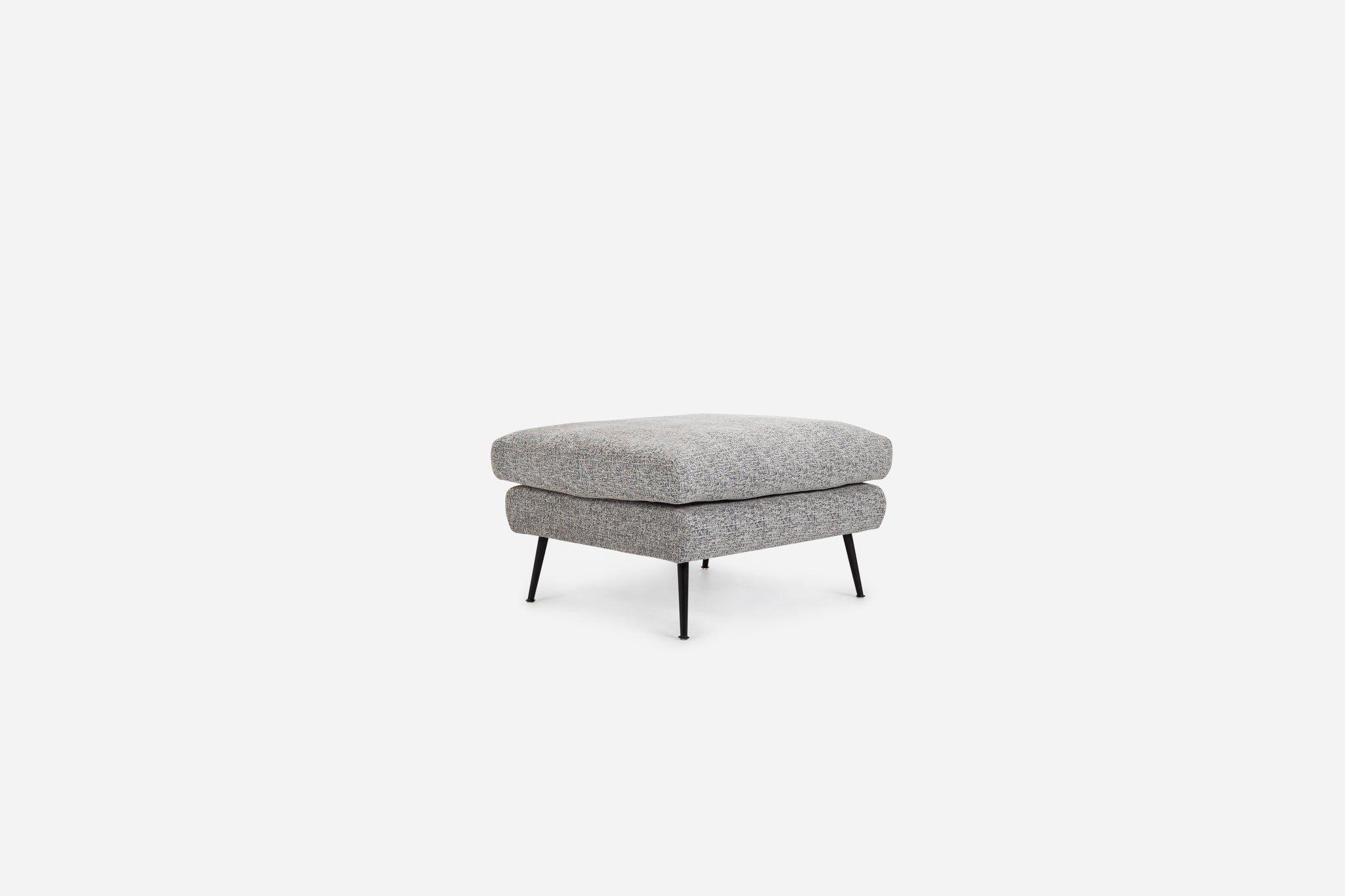 park ottoman shown in grey fabric with black legs