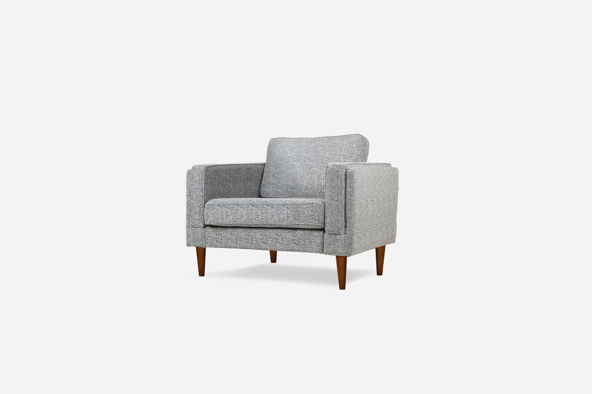 albany armchair shown in grey fabric with walnut legs