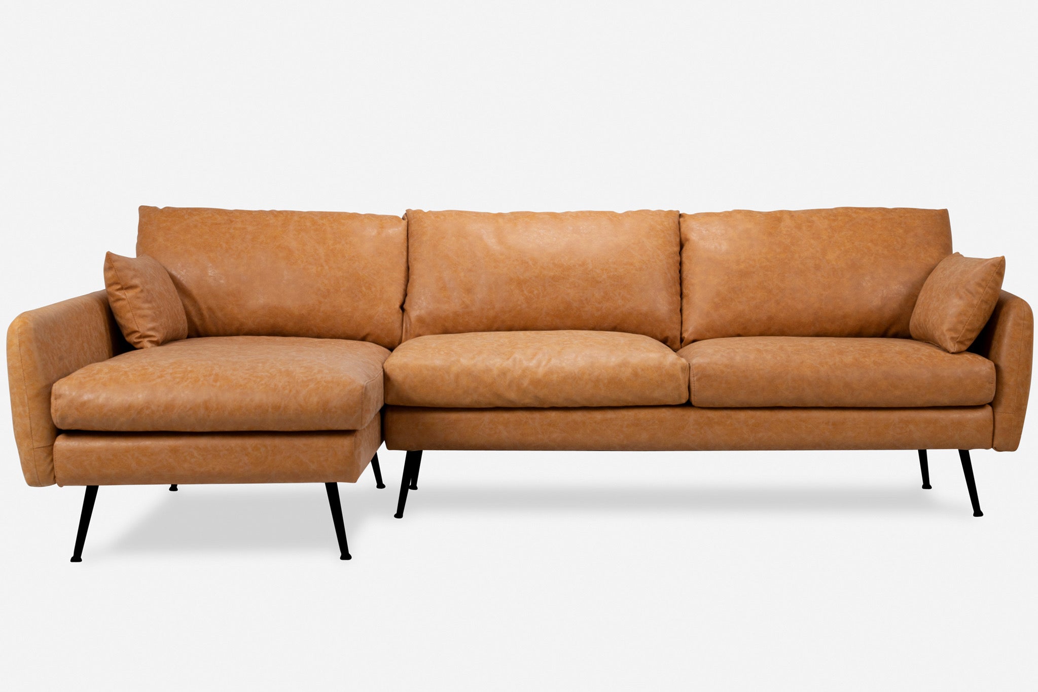 park sectional sofa shown in distressed vegan leather with black legs left facing
