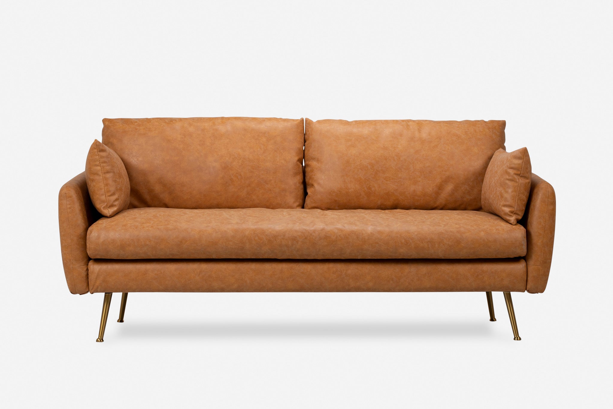 park sofa shown in distressed vegan leather with gold legs