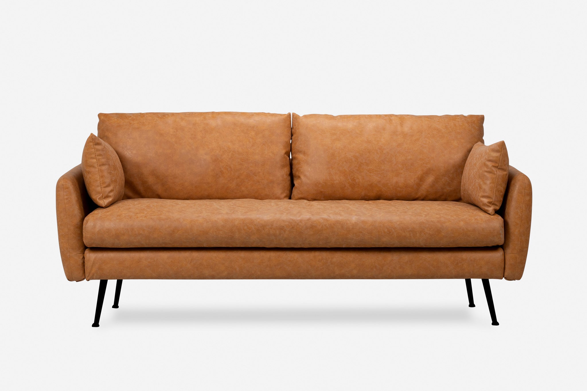 park sofa shown in distressed vegan leather with black legs