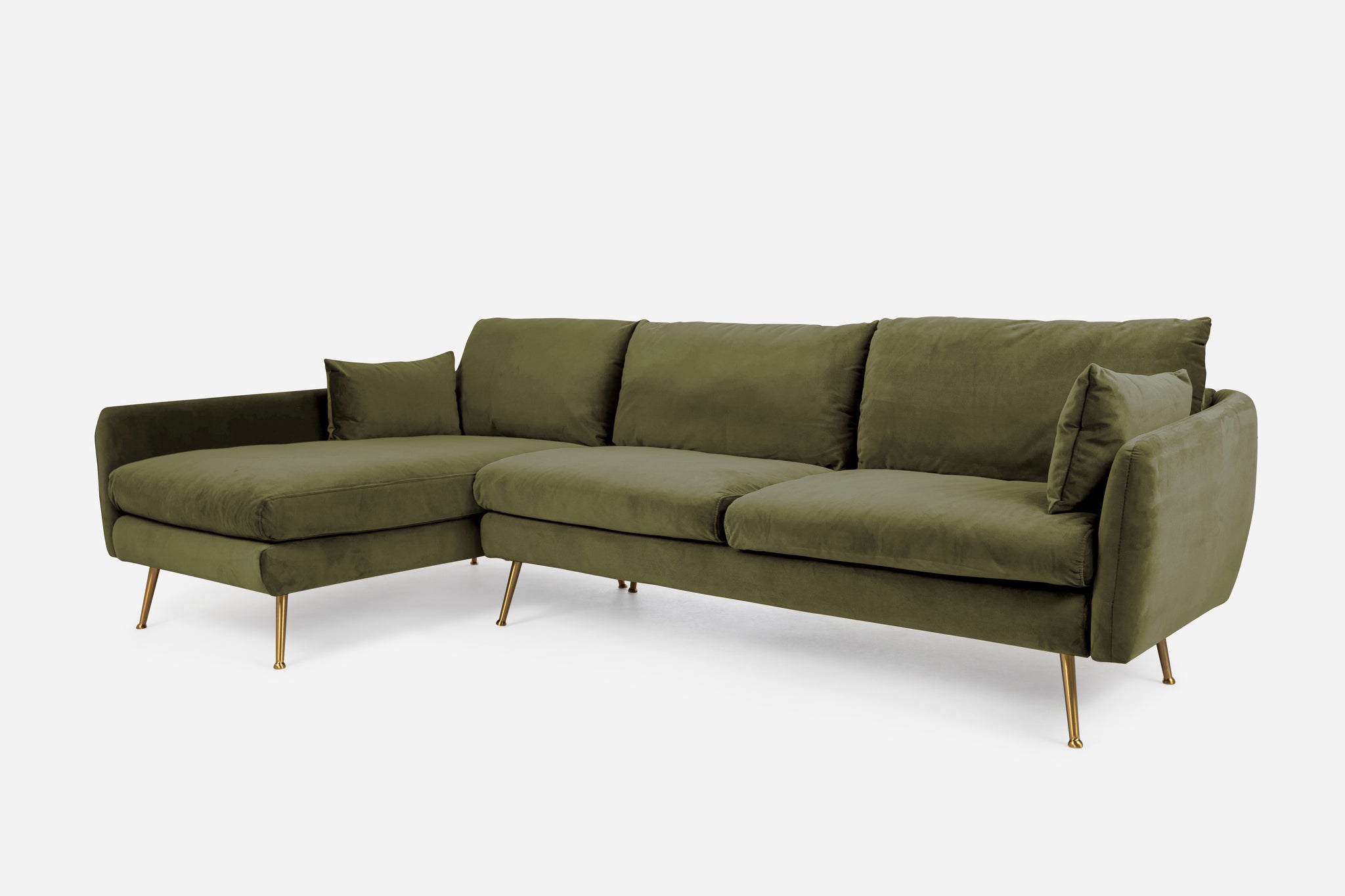 park sectional sofa shown in olive velvet with gold legs left facing