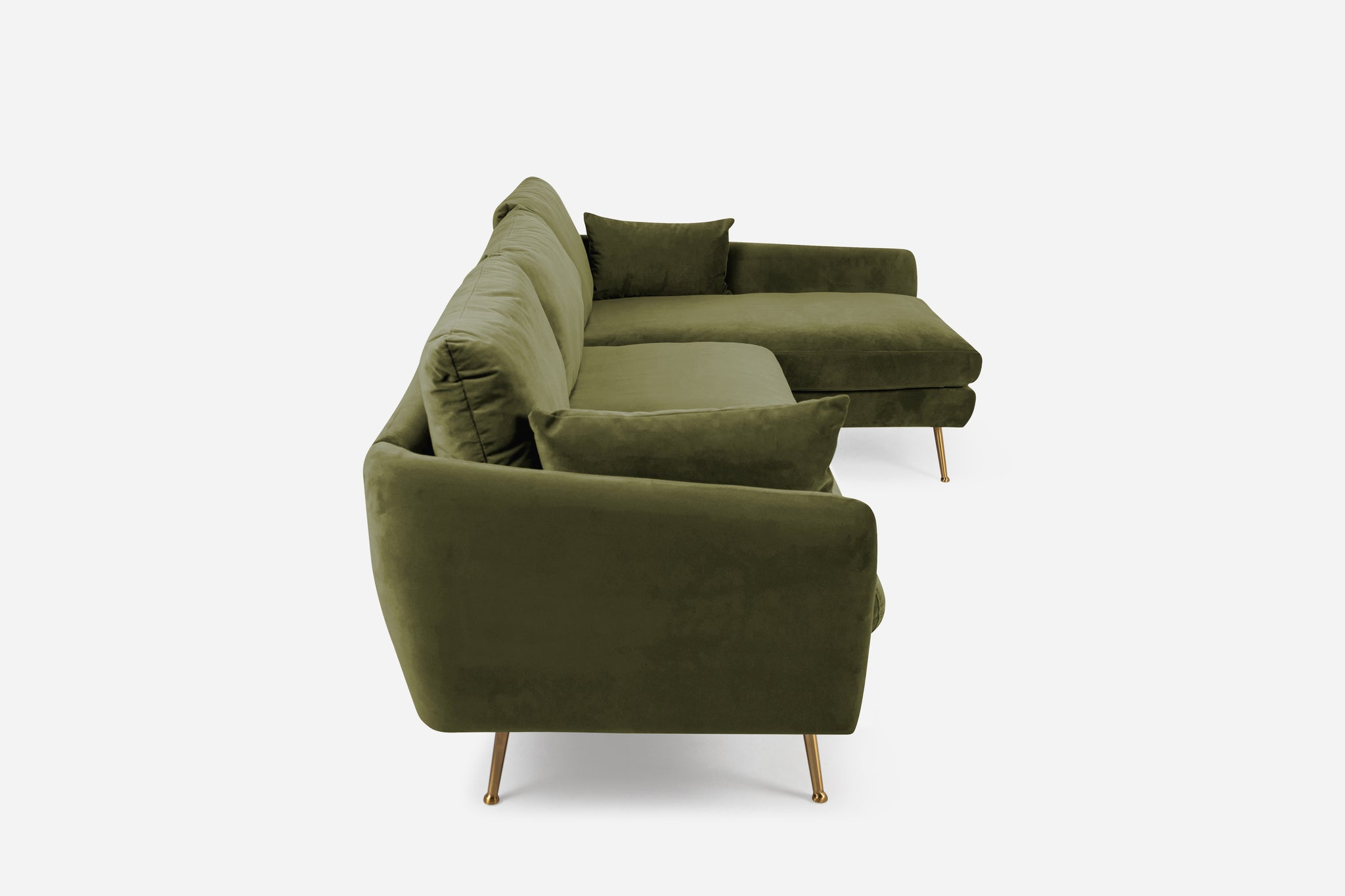 park sectional sofa shown in olive velvet with gold legs right facing