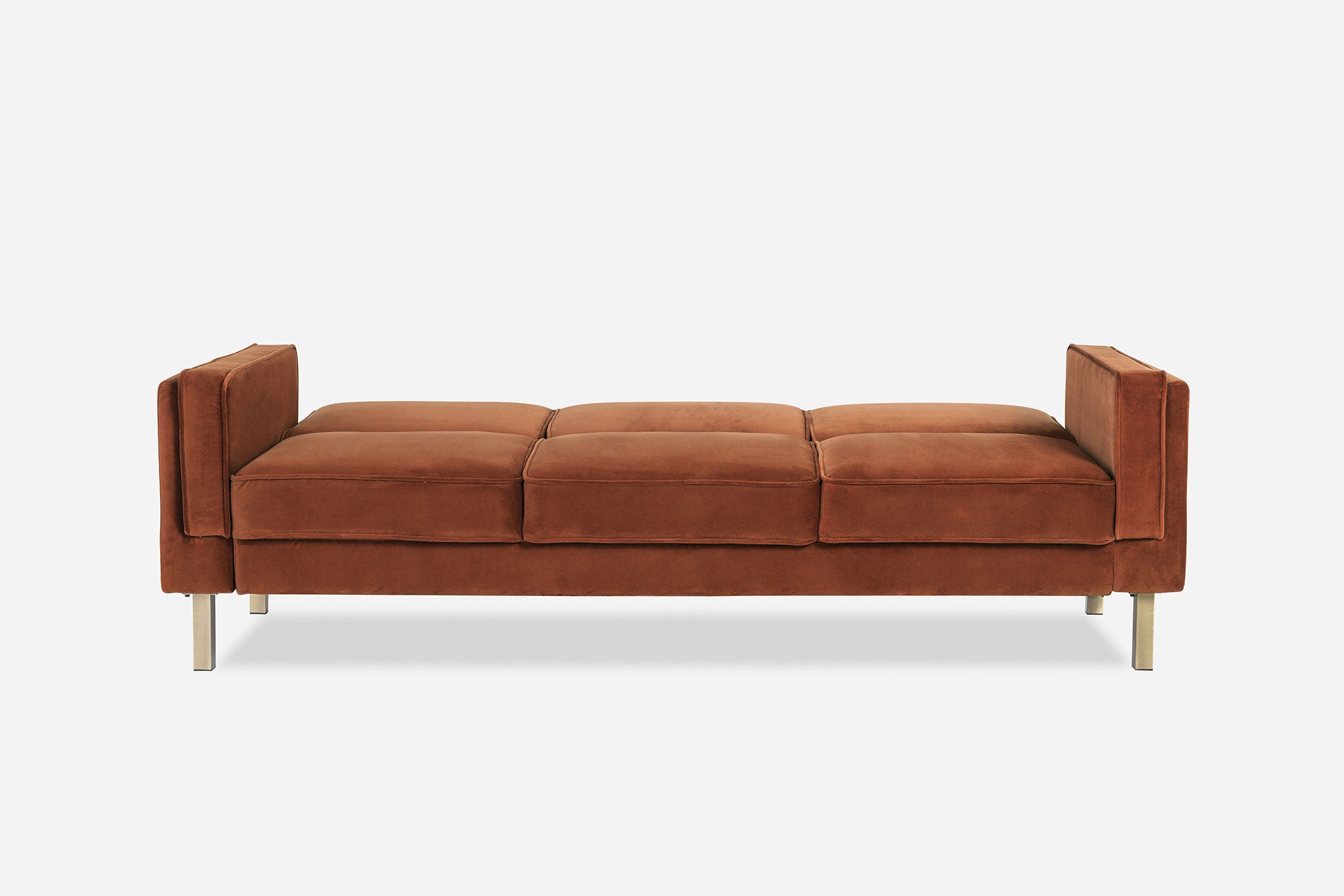 front view of the albany sleeper sofa as a bed in rust velvet and gold legs