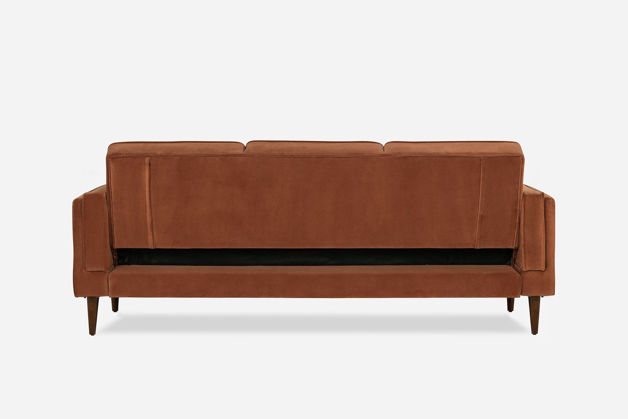 back view of the albany sleeper sofa in rust velvet and walnut legs