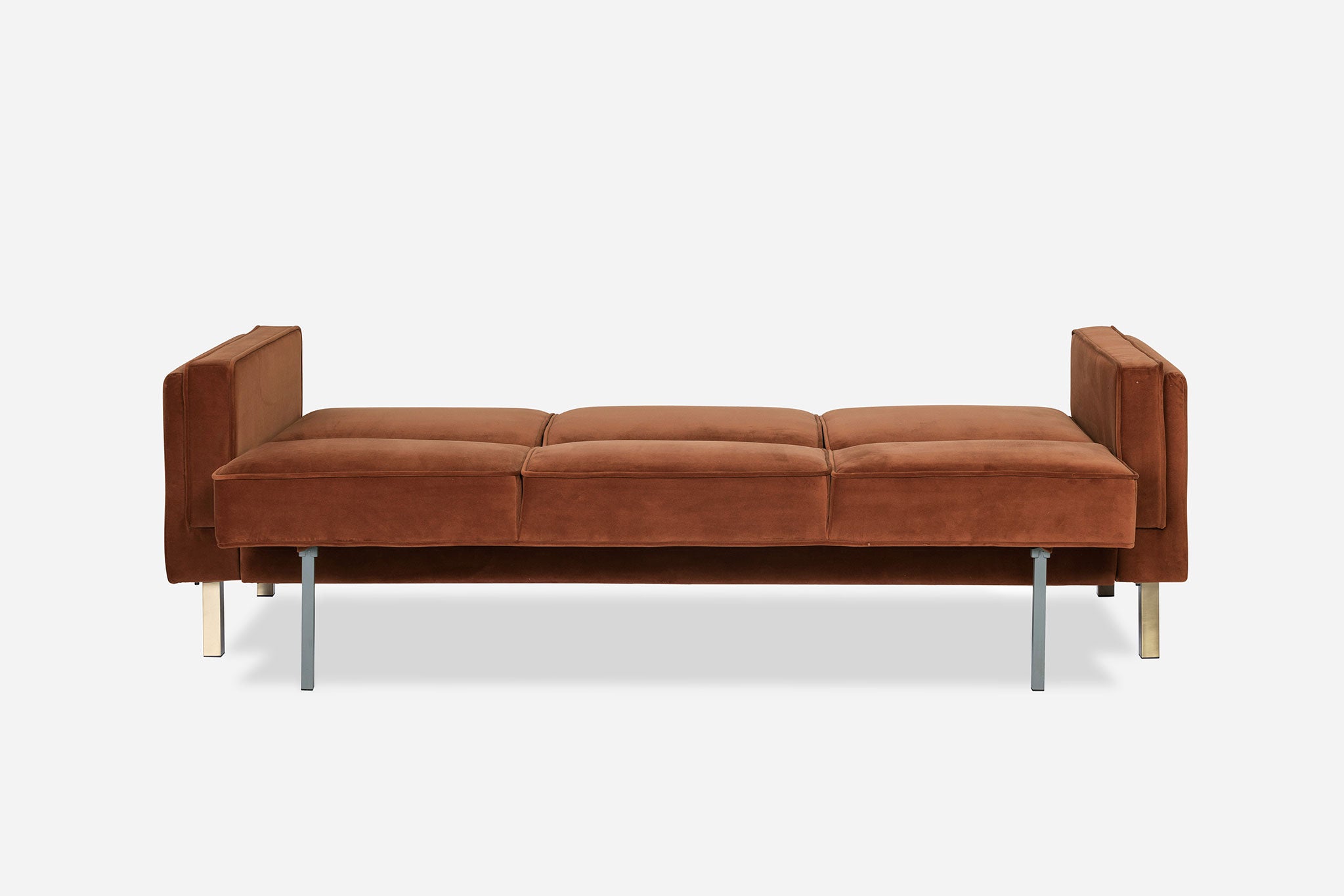 back view of the albany sleeper sofa as a bed in rust velvet and gold legs