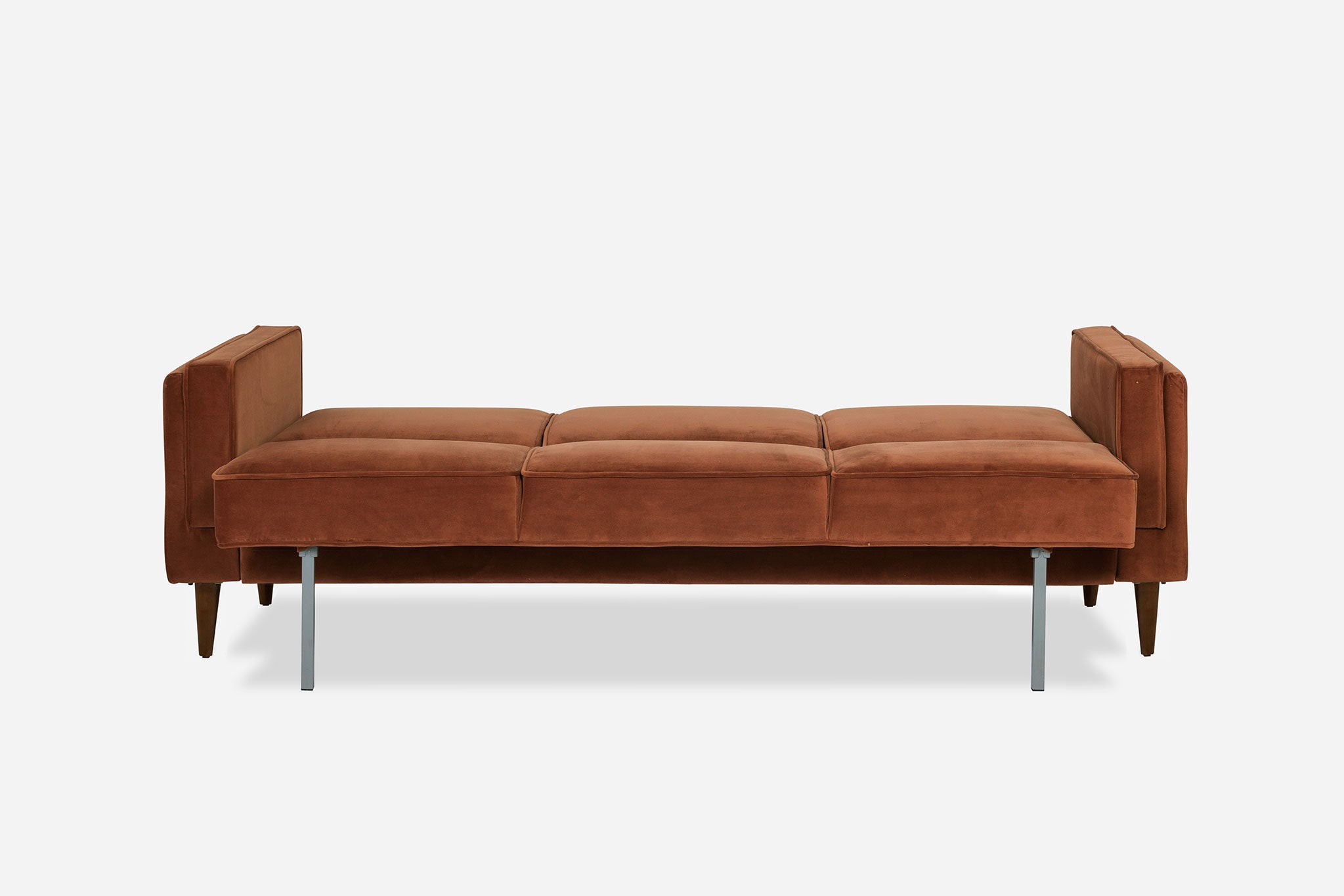 back view of the albany sleeper sofa as a bed in rust velvet and gold legs