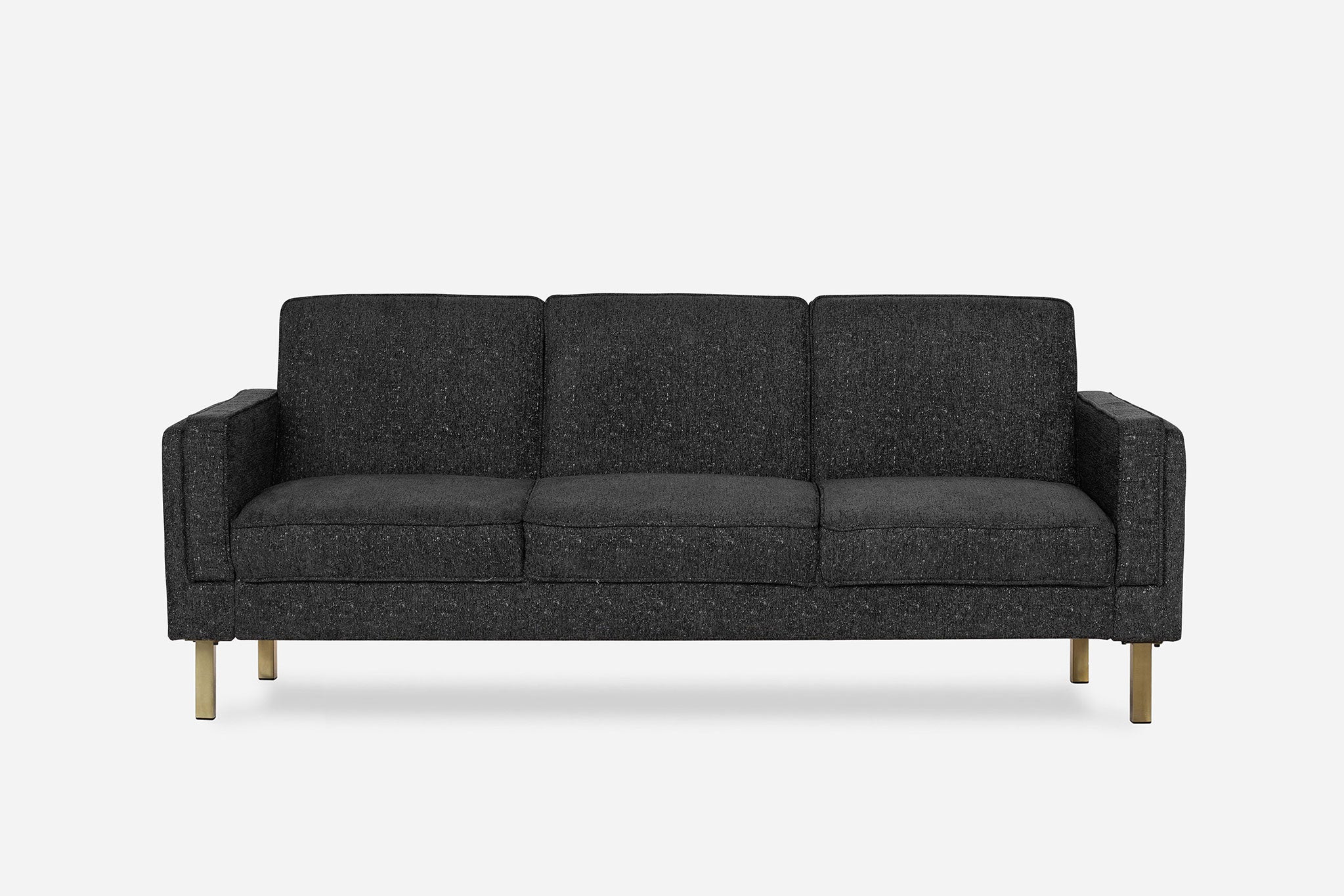 front view of the albany sleeper sofa in charcoal with gold legs