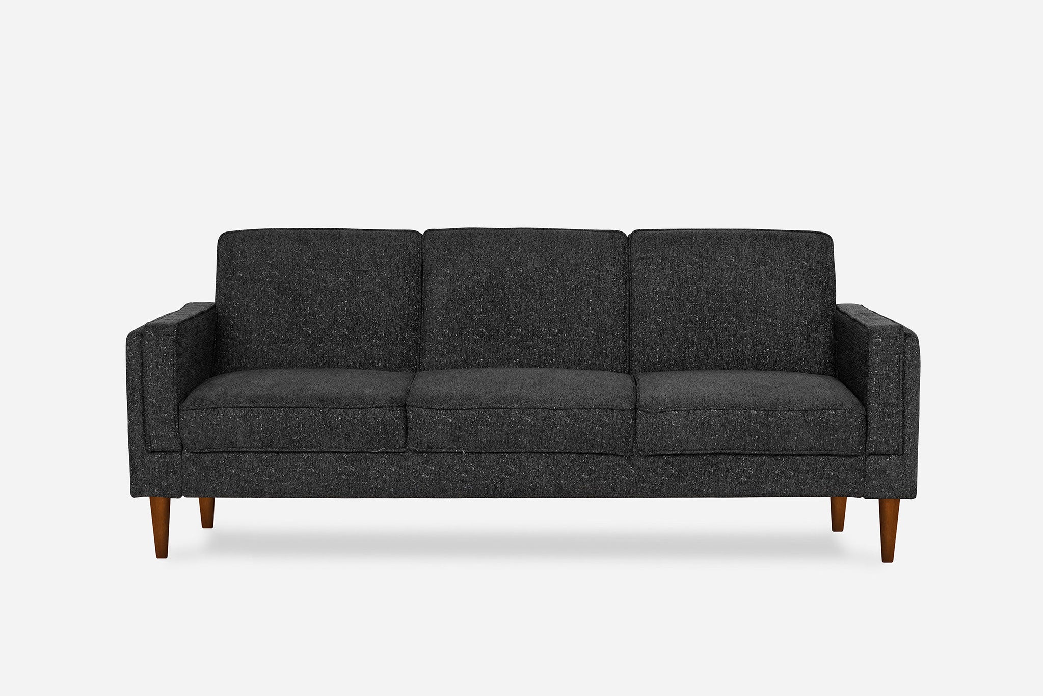 front view of the albany sleeper sofa in charcoal with walnut legs