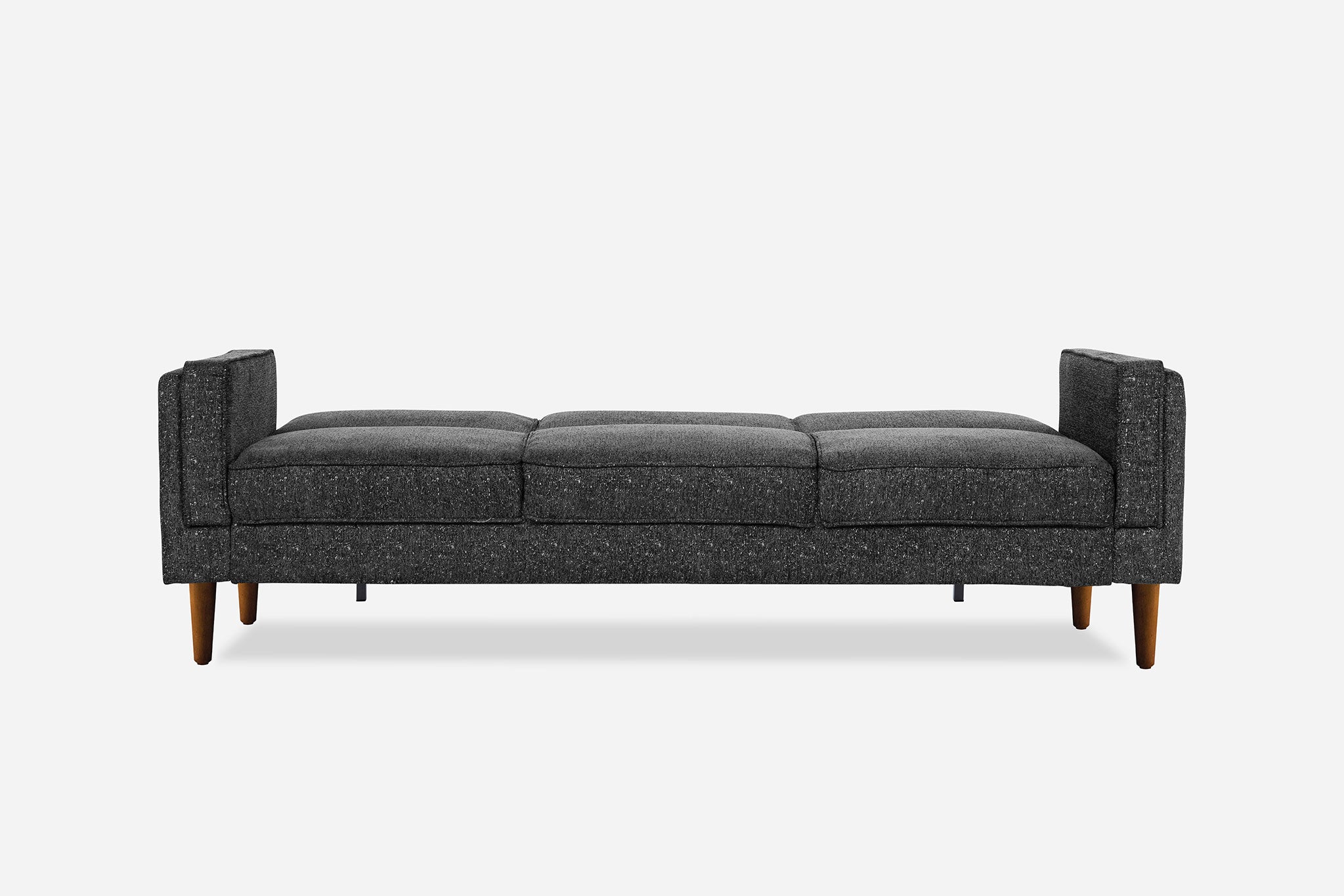 front view of the albany sleeper sofa as a bed in charcoal with walnut legs