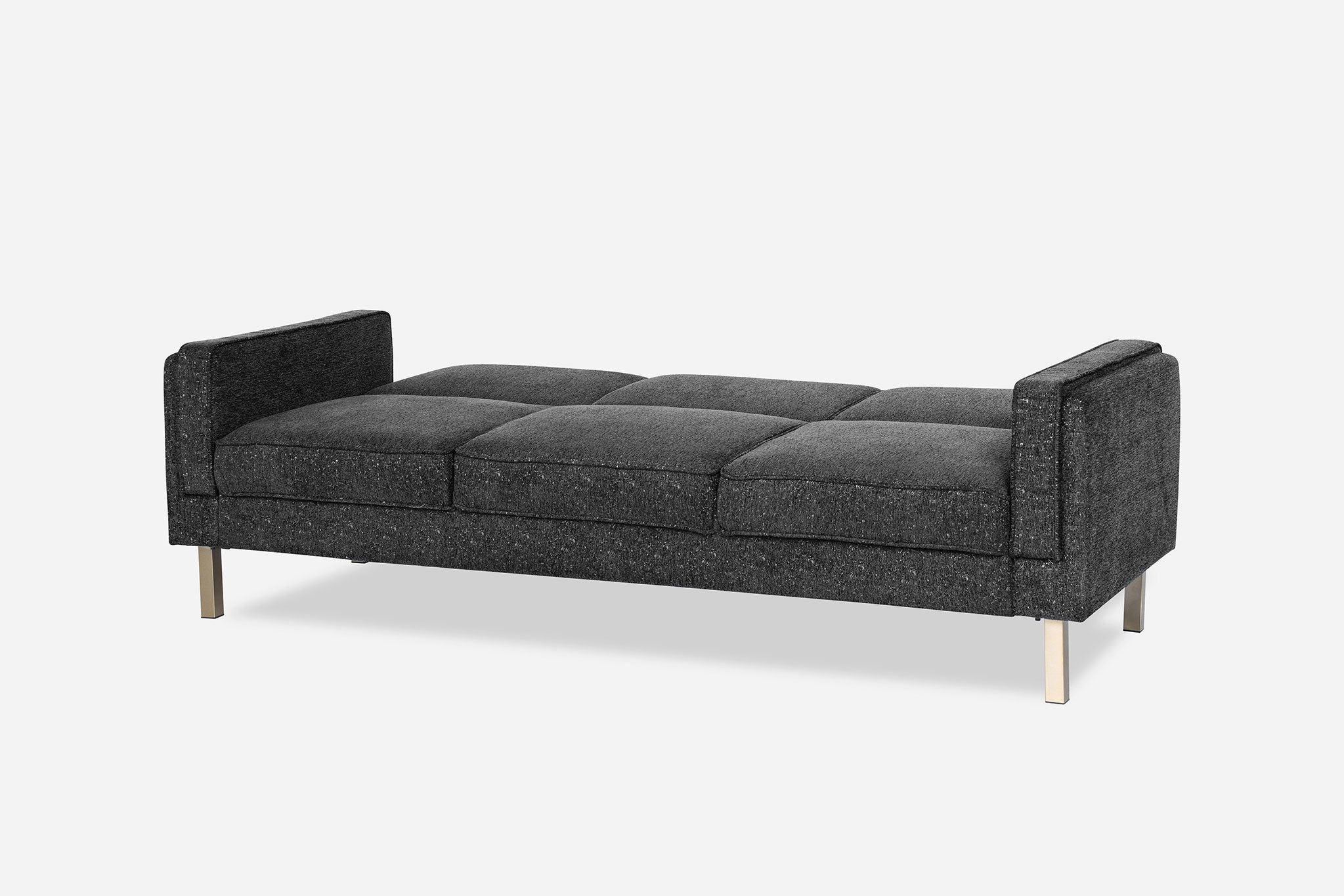 side view of the albany sleeper sofa as a bed in charcoal with gold legs