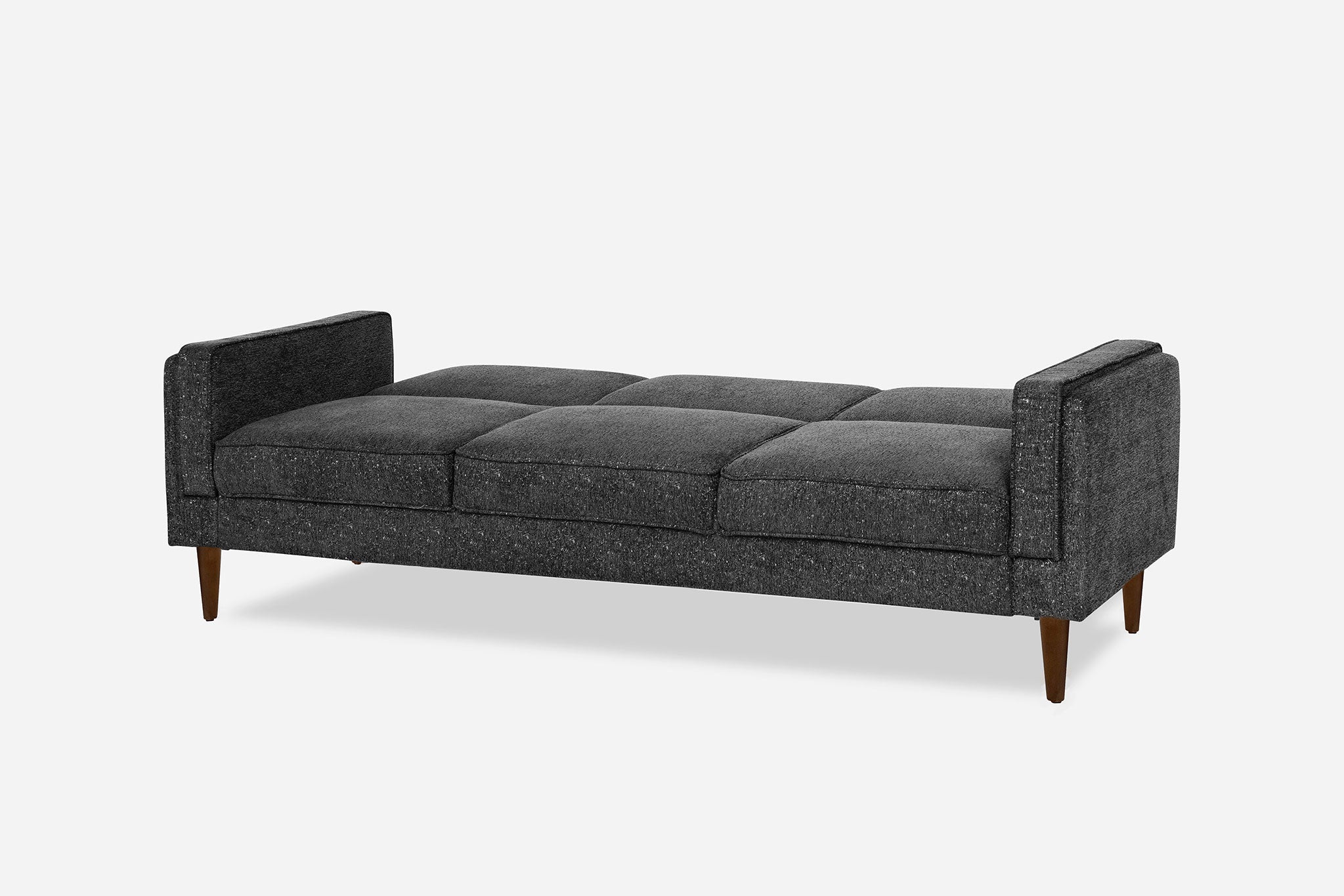 side view of the albany sleeper sofa as a bed in charcoal with walnut legs
