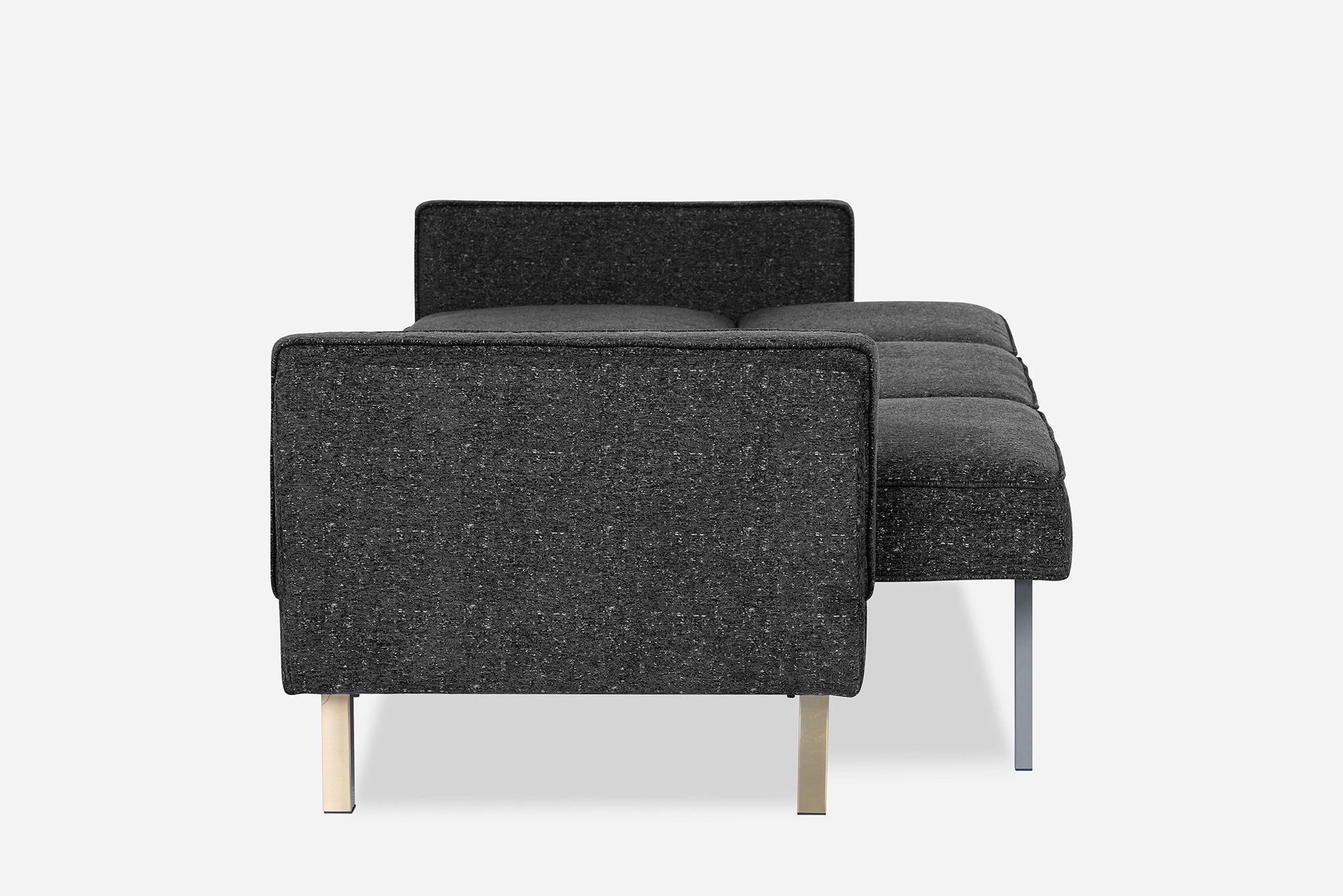 lateral view of the albany sleeper sofa as a sofa in charcoal with gold legs