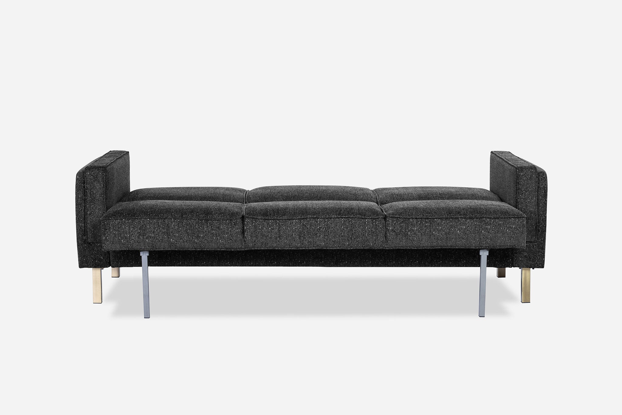 back view of the albany sleeper sofa as a bed in charcoal with gold legs