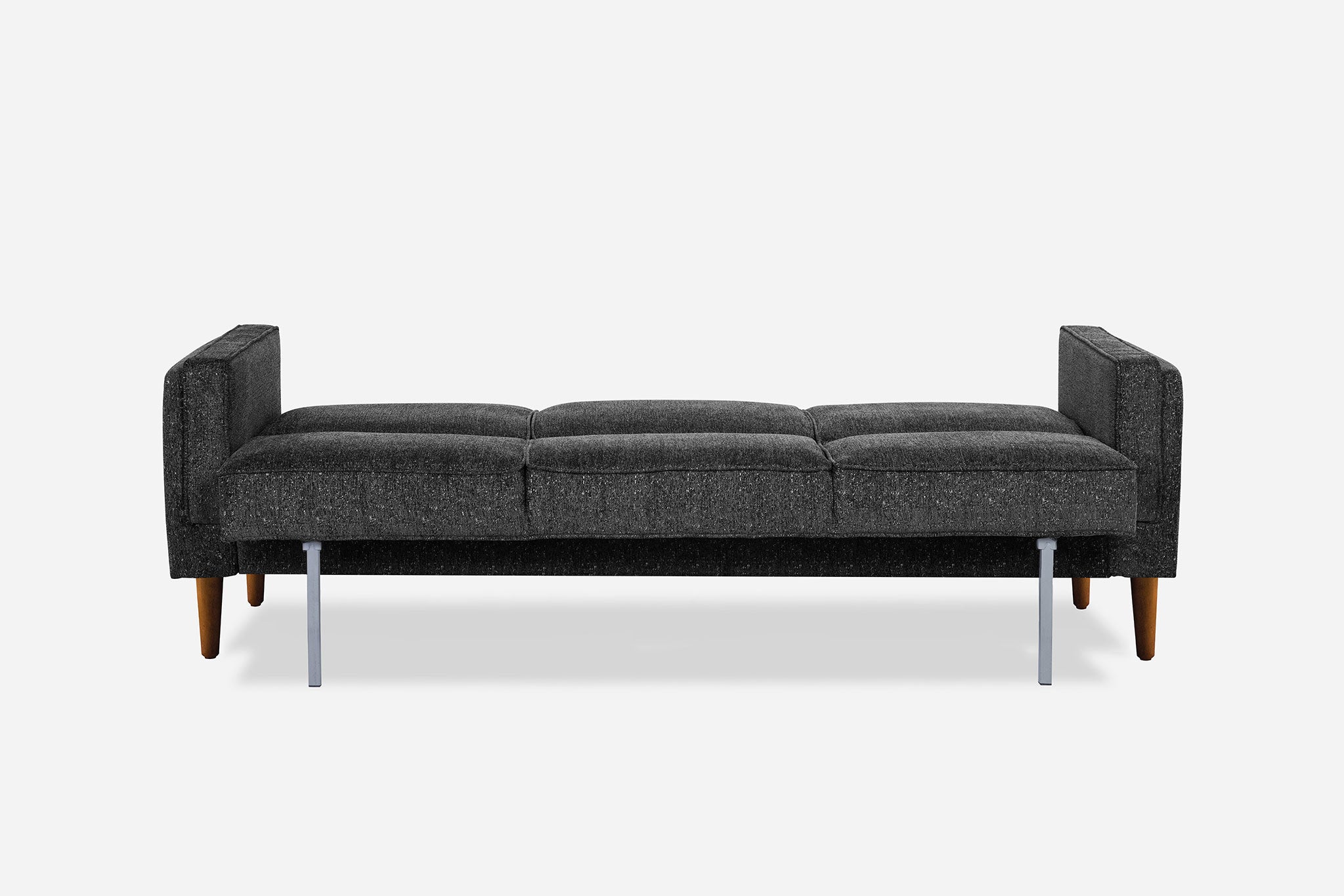 back view of the albany sleeper sofa as a bed in charcoal with walnut legs
