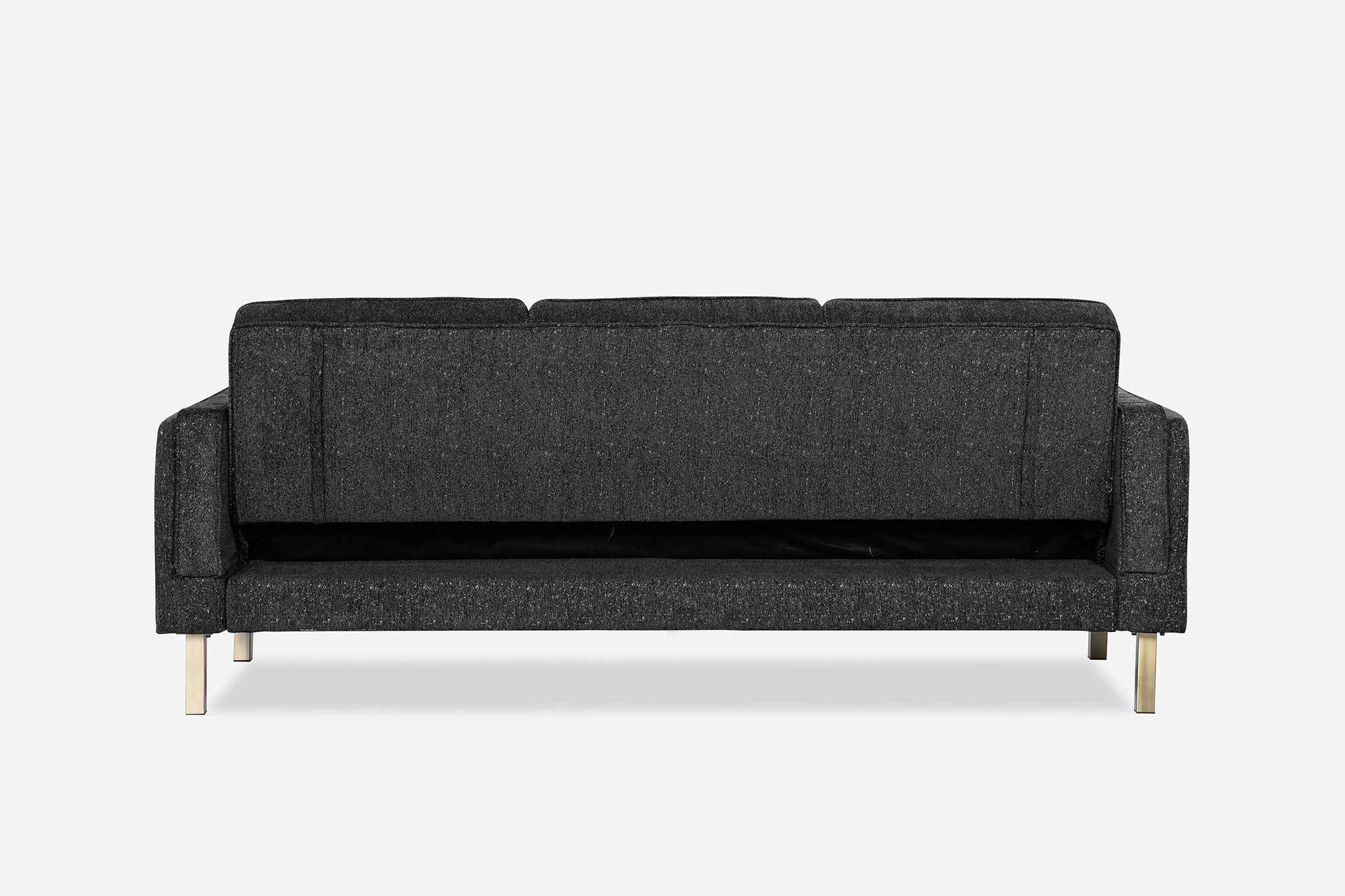 back view of the albany sleeper sofa in charcoal with gold legs