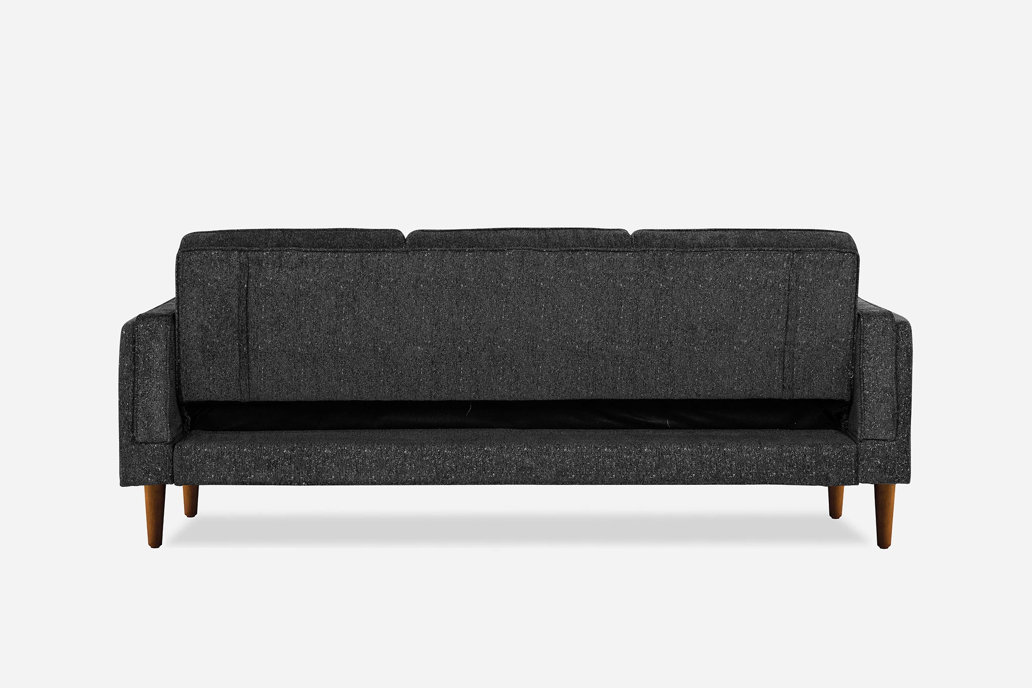 back view of the albany sleeper sofa in charcoal with walnut legs