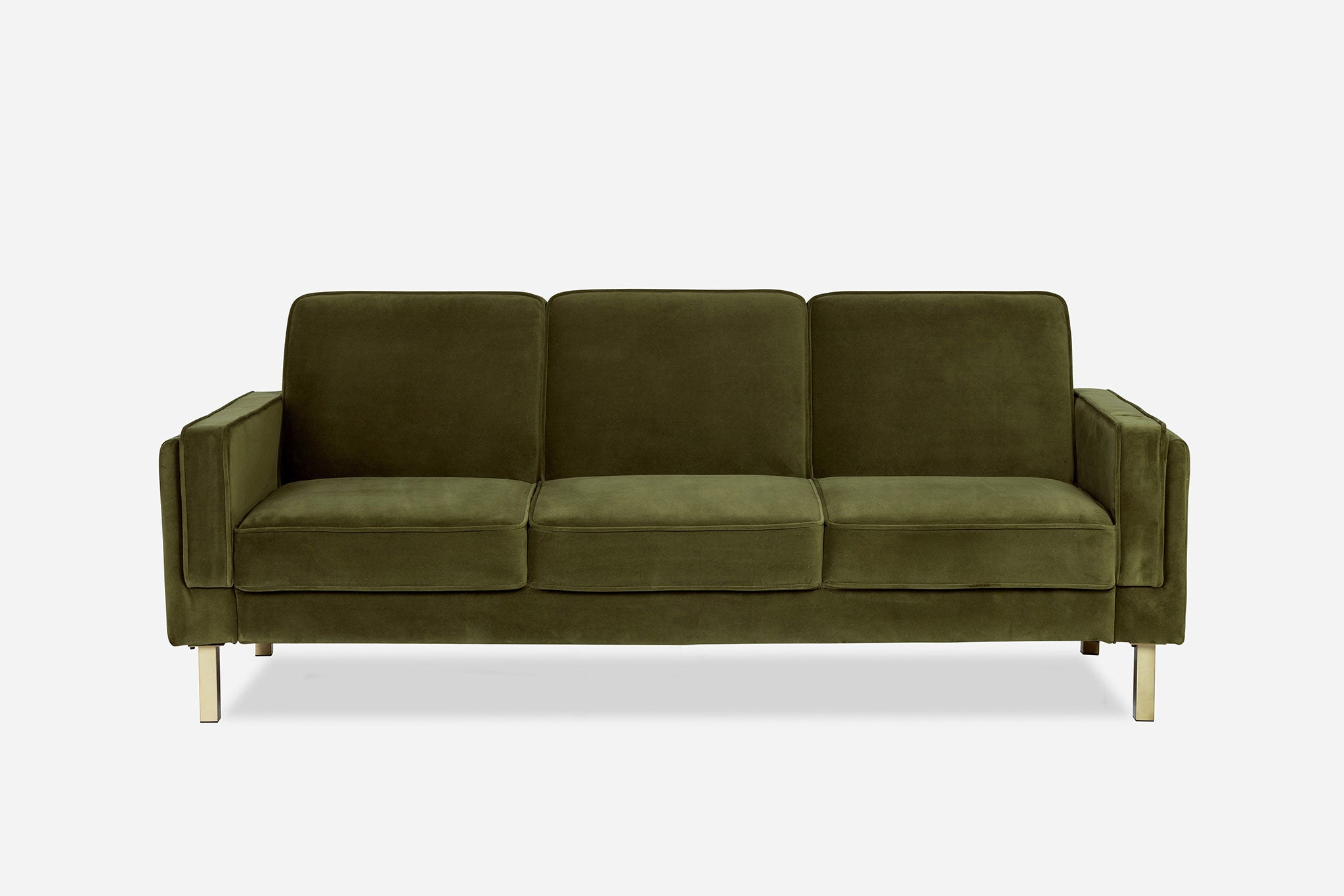 front view of the albany sleeper sofa in olive velvet with gold legs