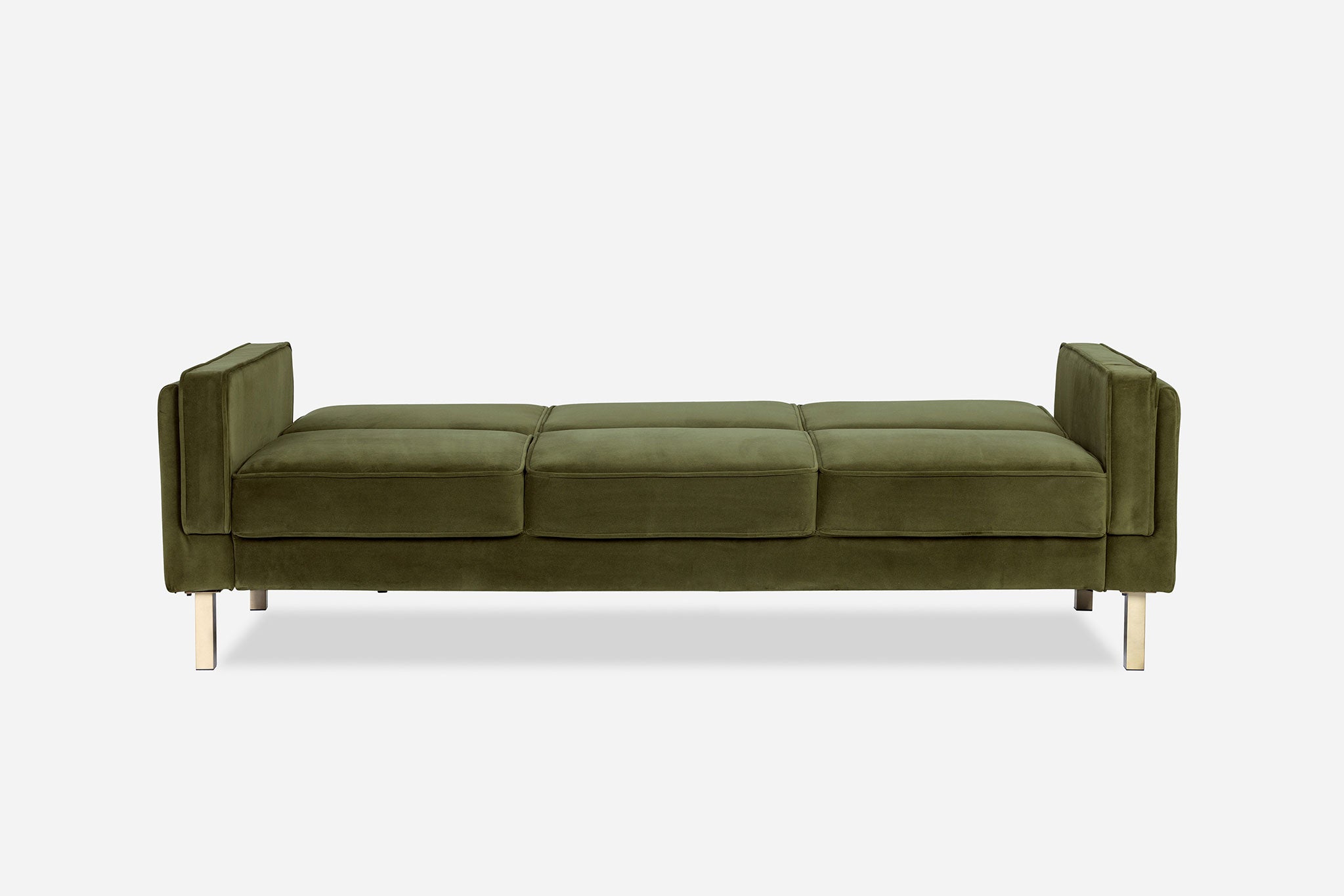 front view of the albany sleeper sofa as a bed in olive velvet with gold legs